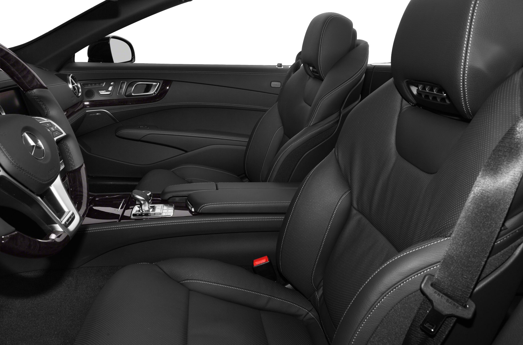 Luxury black leather sport seats with detailed stitching and modern center console