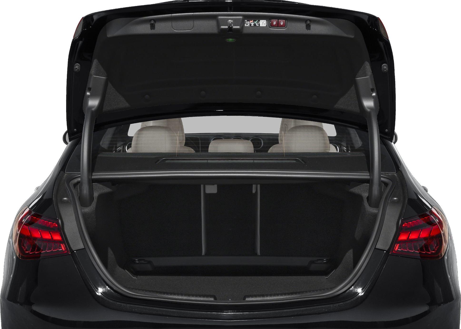 Open sedan trunk with spacious cargo area and rear seats visible