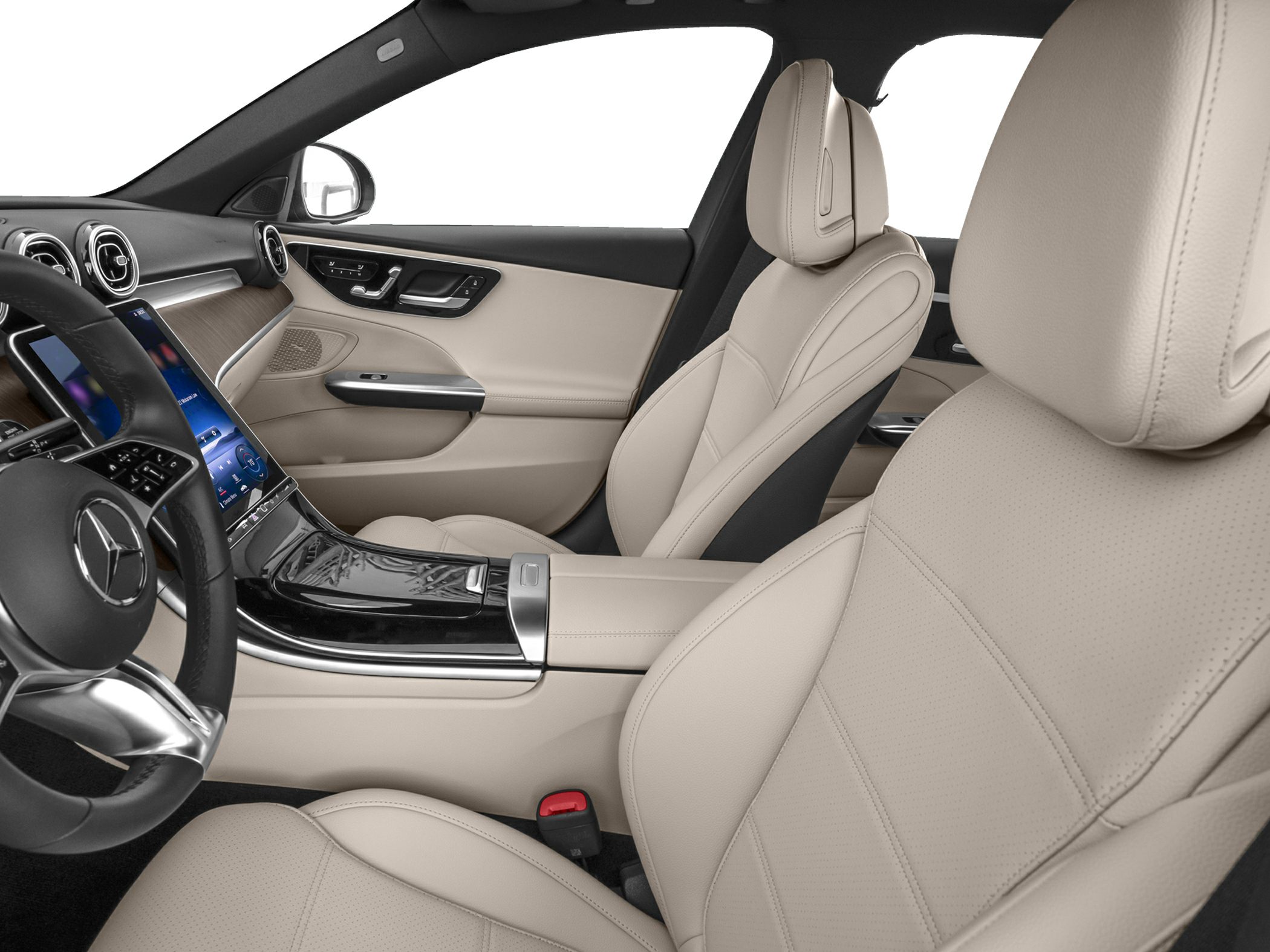 Beige leather seats and modern center console with touchscreen