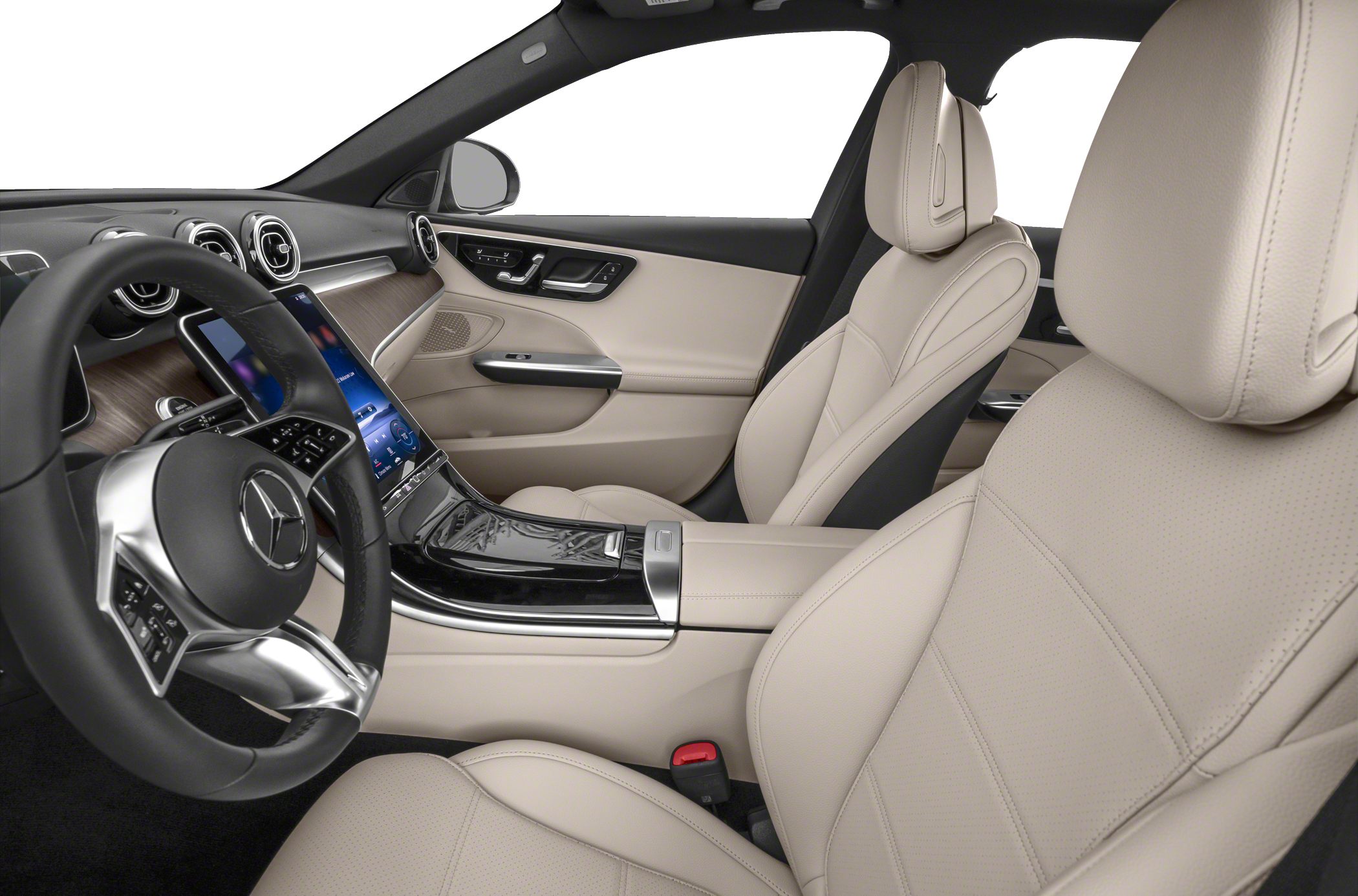 Leather seats and digital touchscreen in a modern luxury car interior