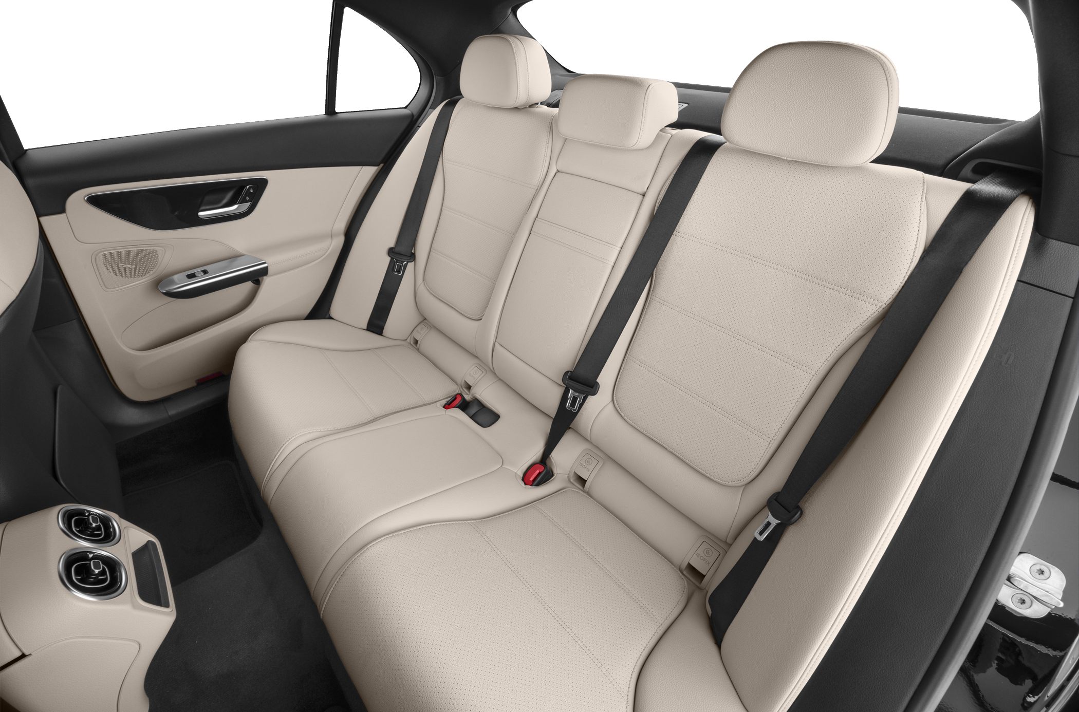 Beige leather rear seats with black seatbelts and air vents