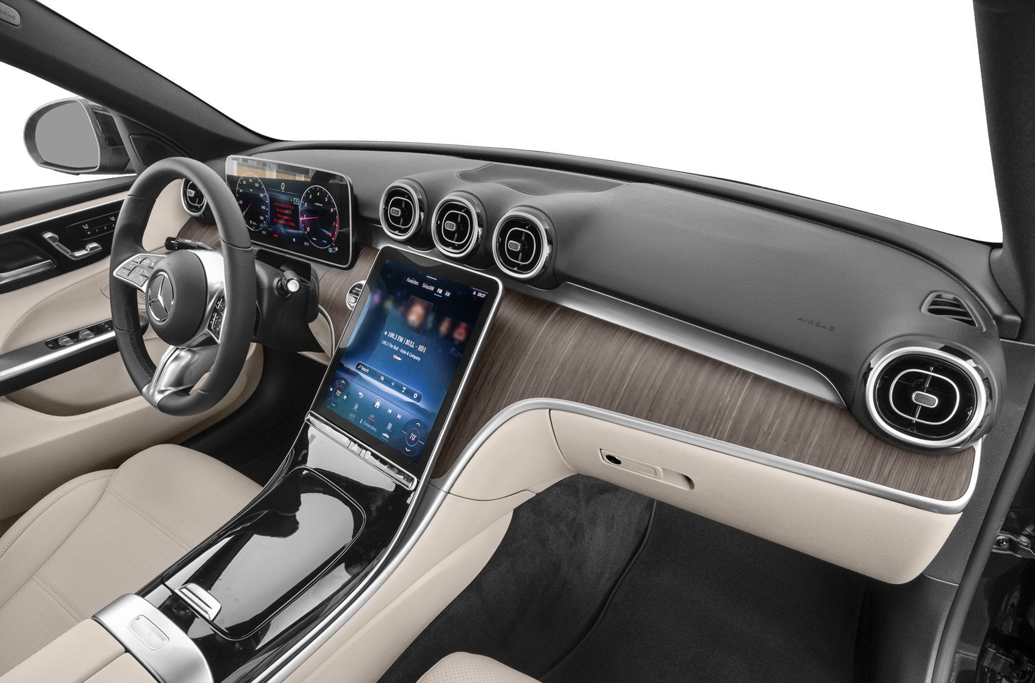 Dashboard with large touchscreen and circular air vents in luxury car interior