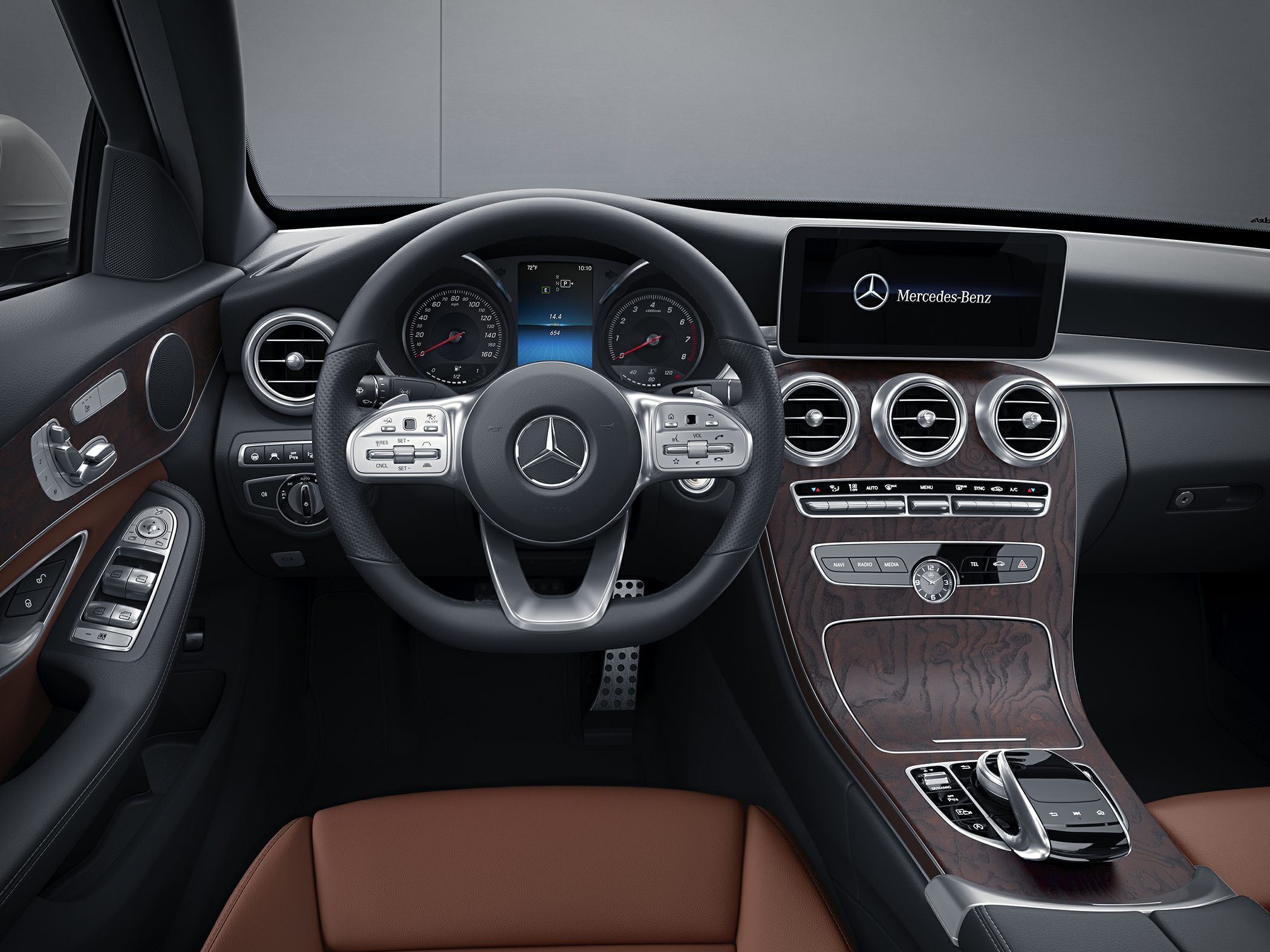 Luxury car interior with dashboard and steering wheel