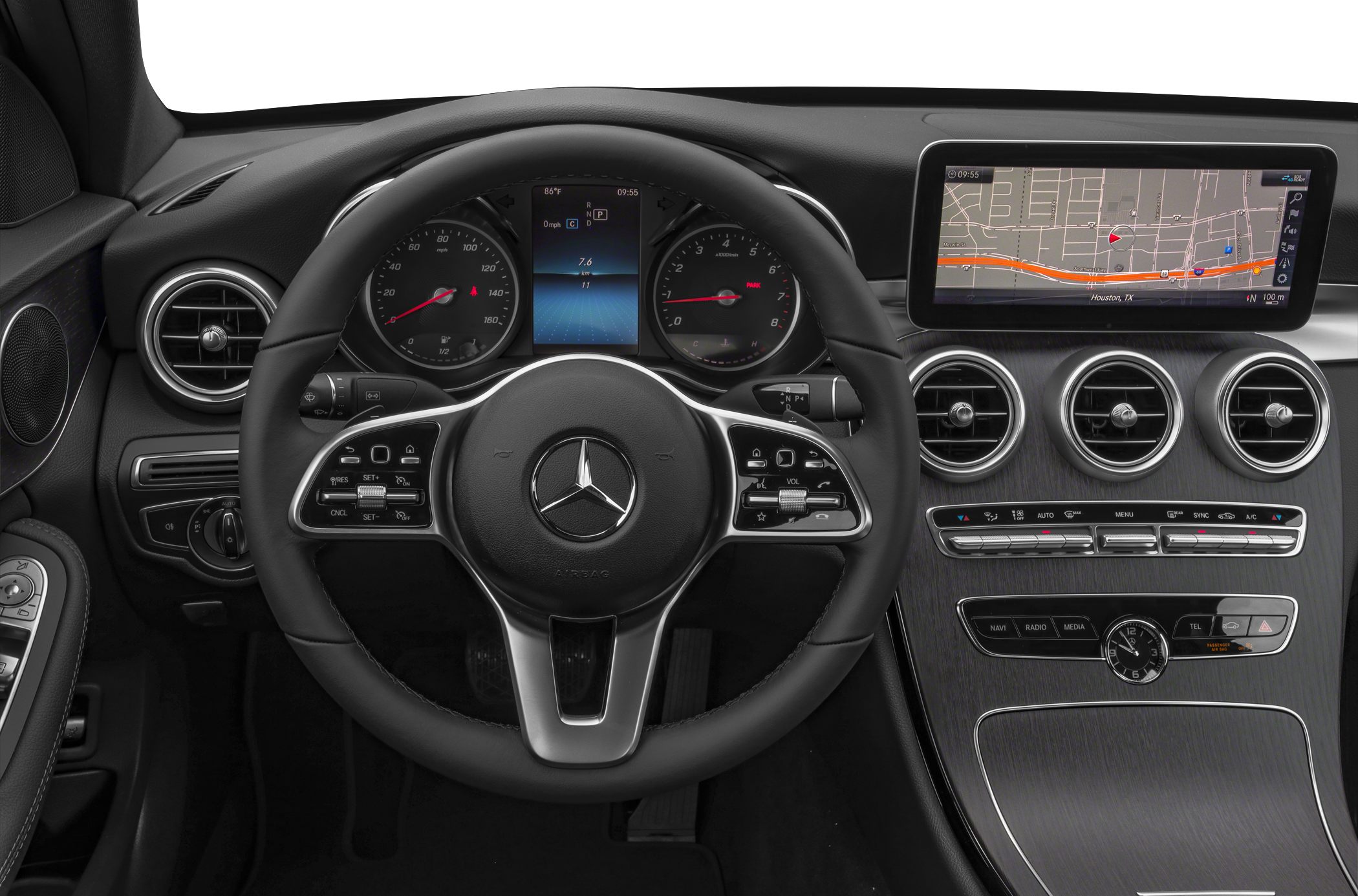 Steering wheel and dashboard with infotainment screen and navigation