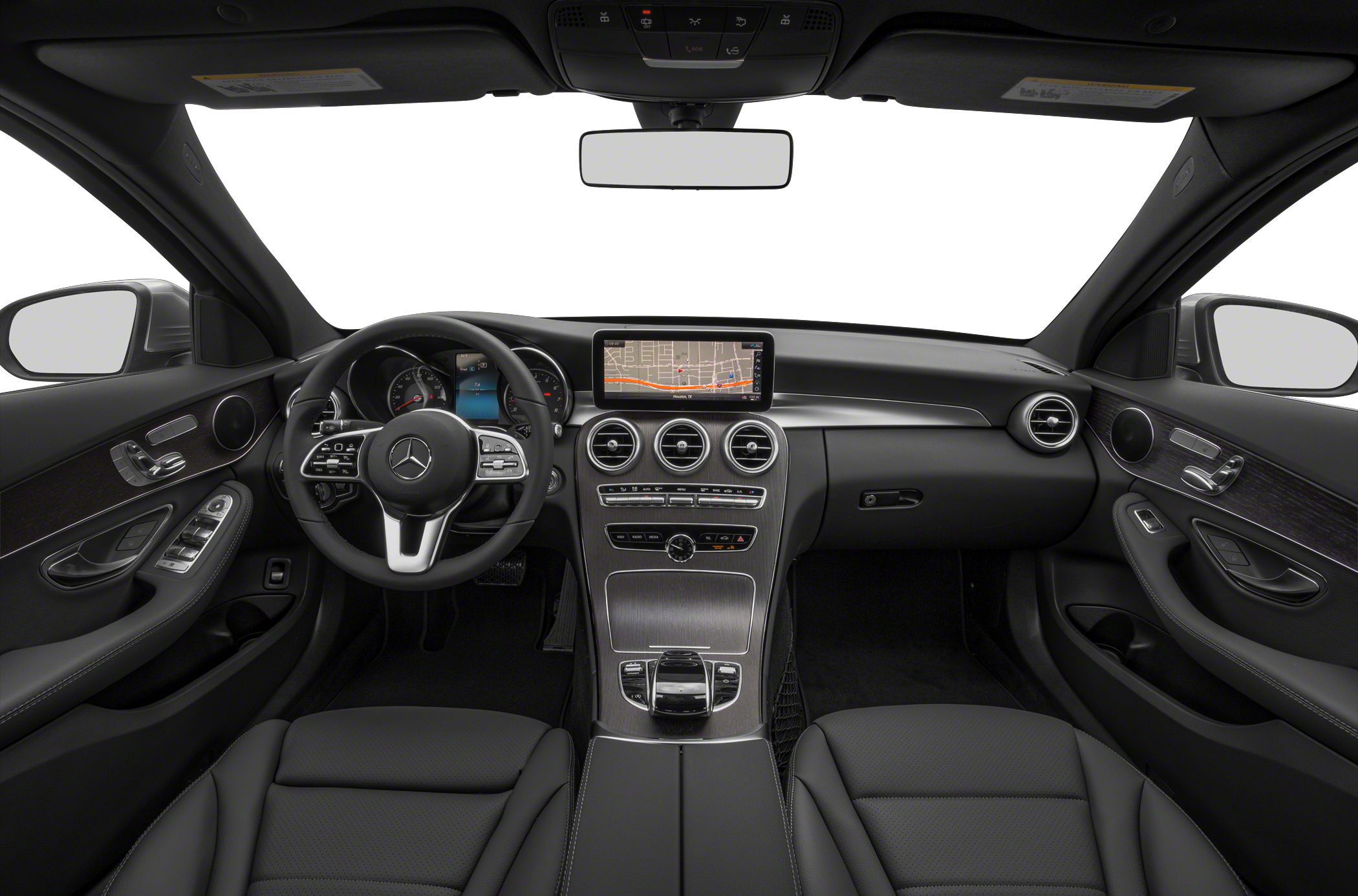 Interior dashboard with digital display and steering wheel in modern luxury car
