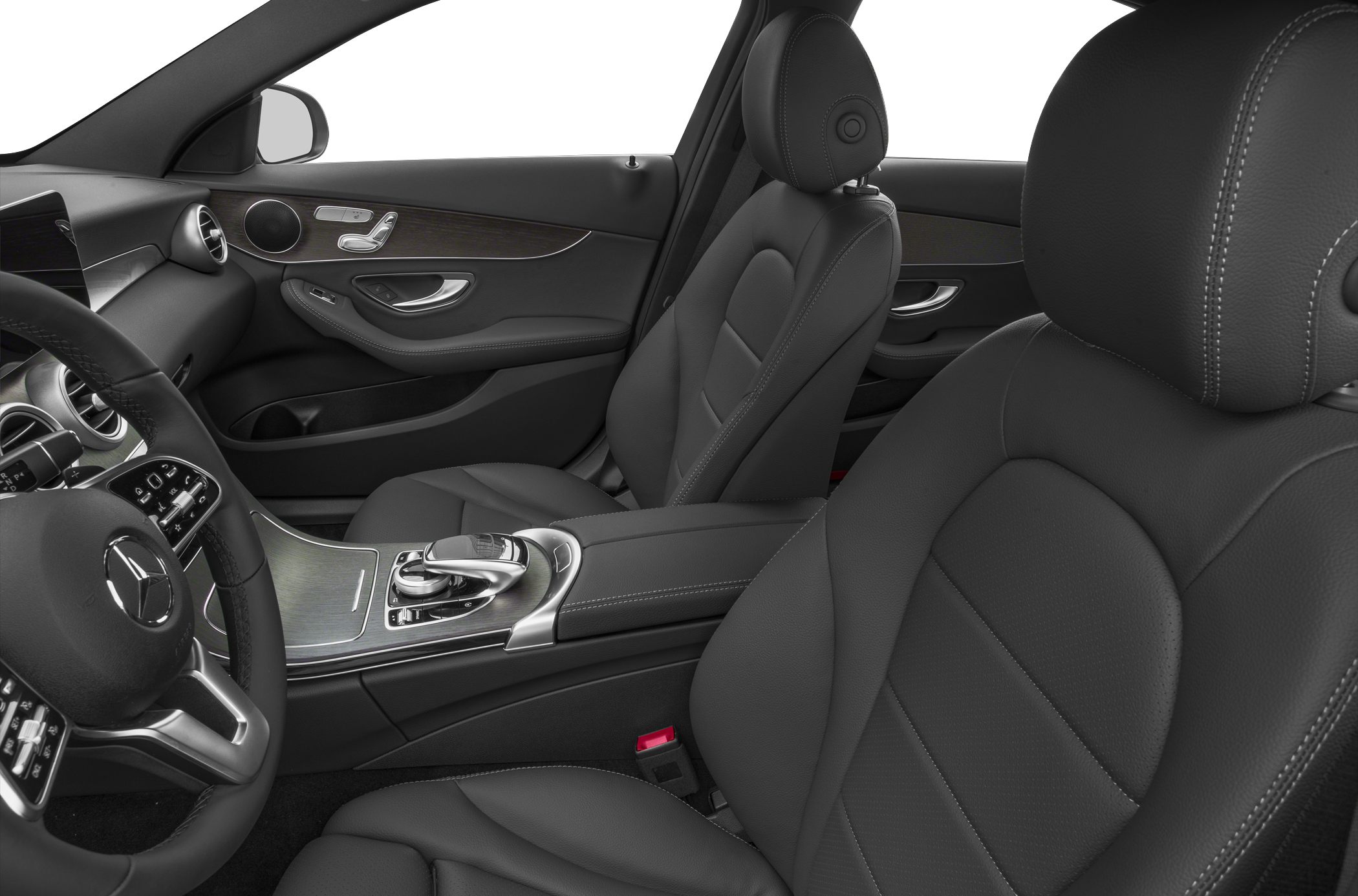 Black leather seats and modern dashboard with wood trim and control console