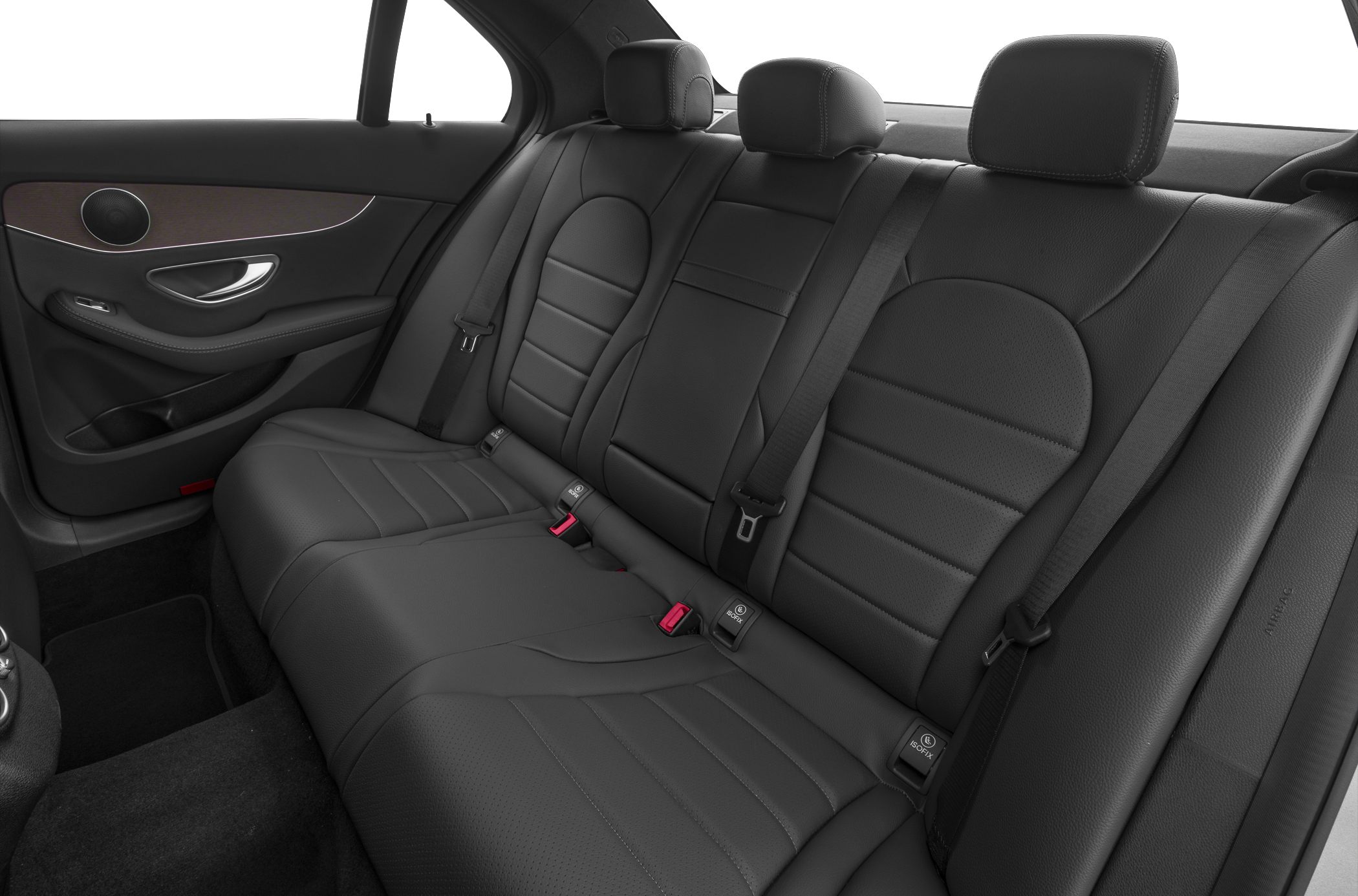 Rear black leather seats with headrests and seat belts