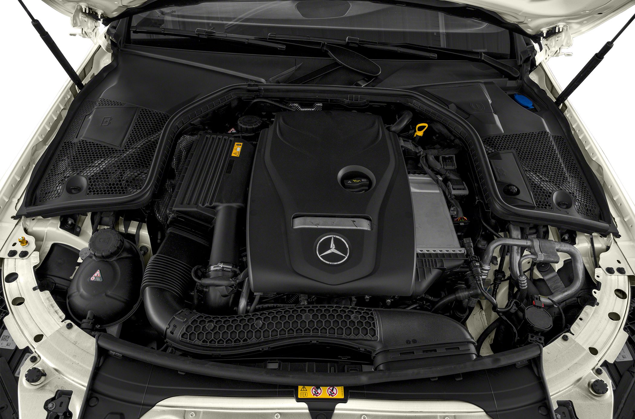 Engine compartment with covered engine and visible components