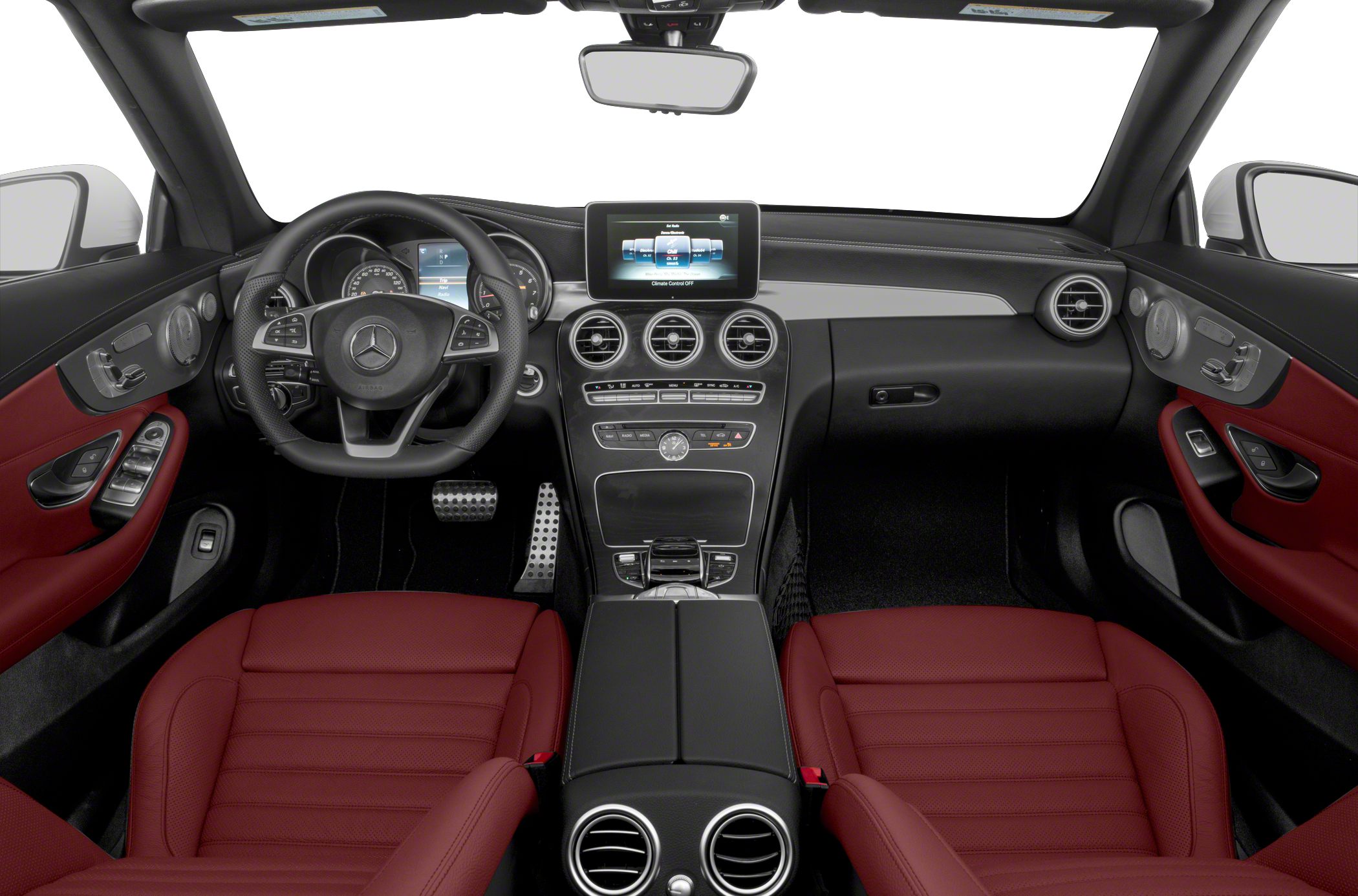 Red leather seats and modern dashboard with touchscreen infotainment