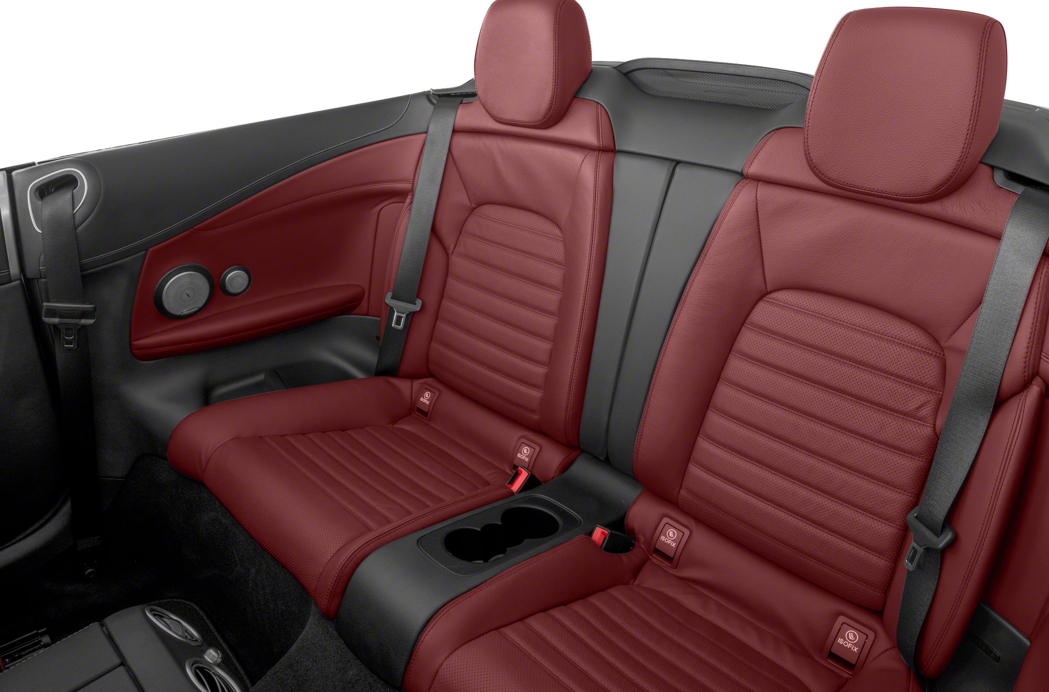 Rear seat with red leather upholstery and cup holder