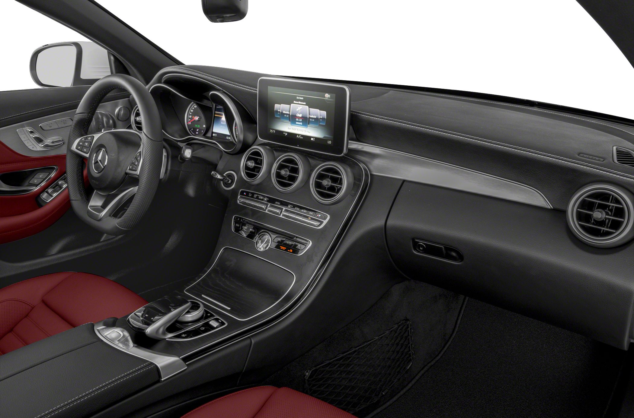 Luxury interior dashboard with infotainment screen and red leather seats