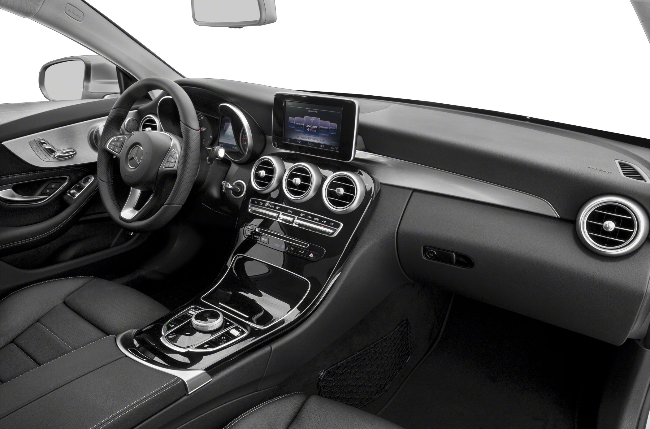 Dashboard and multifunctional steering wheel with infotainment screen and air vents