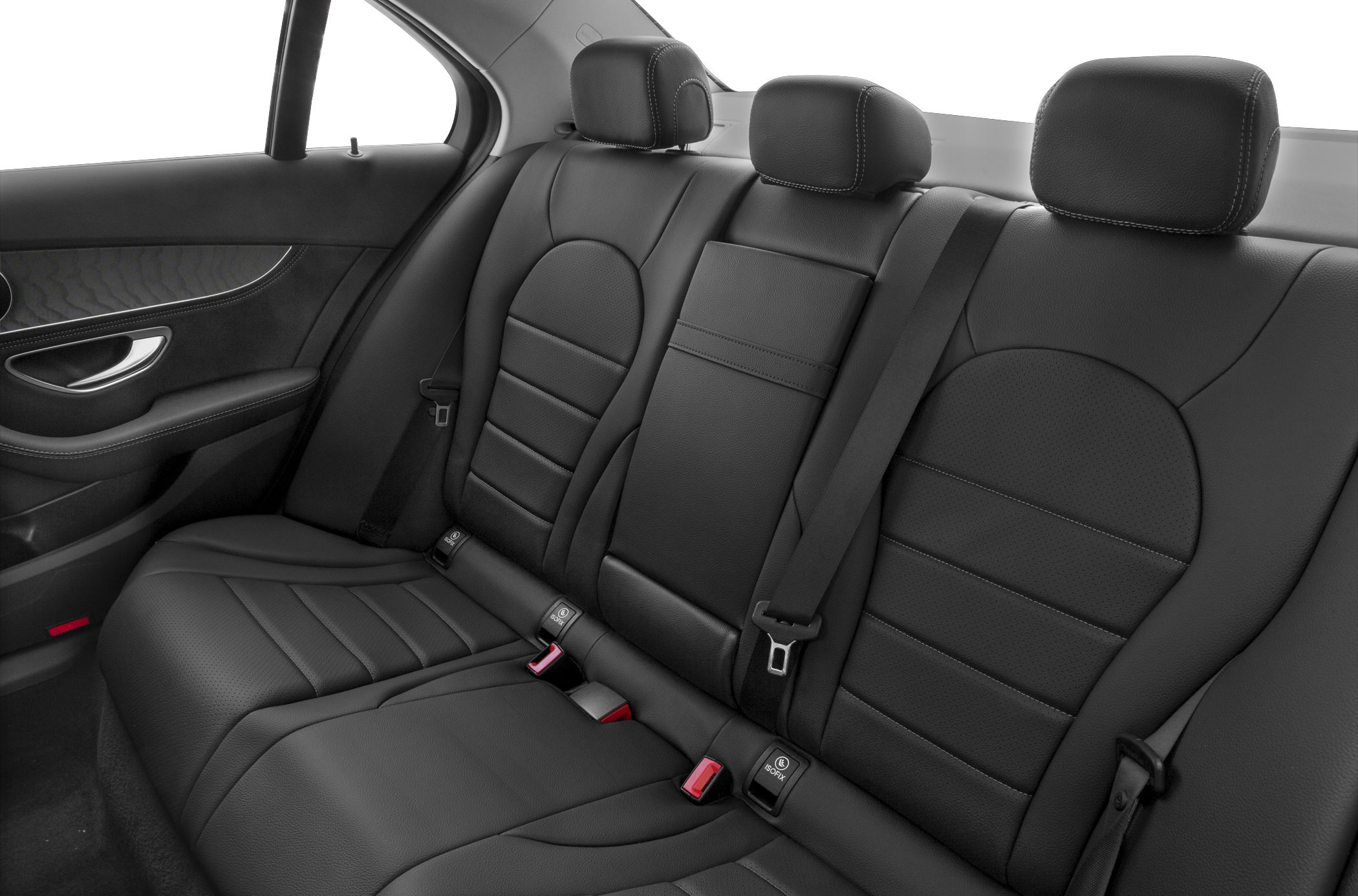 Black leather rear seat interior with stitching and headrests