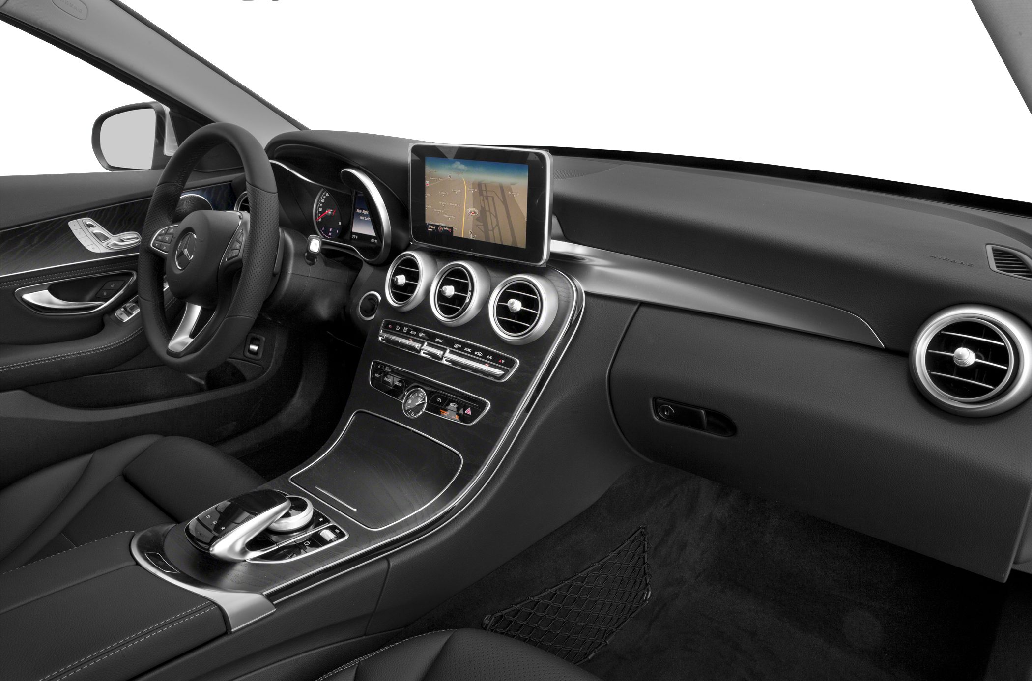 Dashboard, center console, steering wheel, and infotainment screen