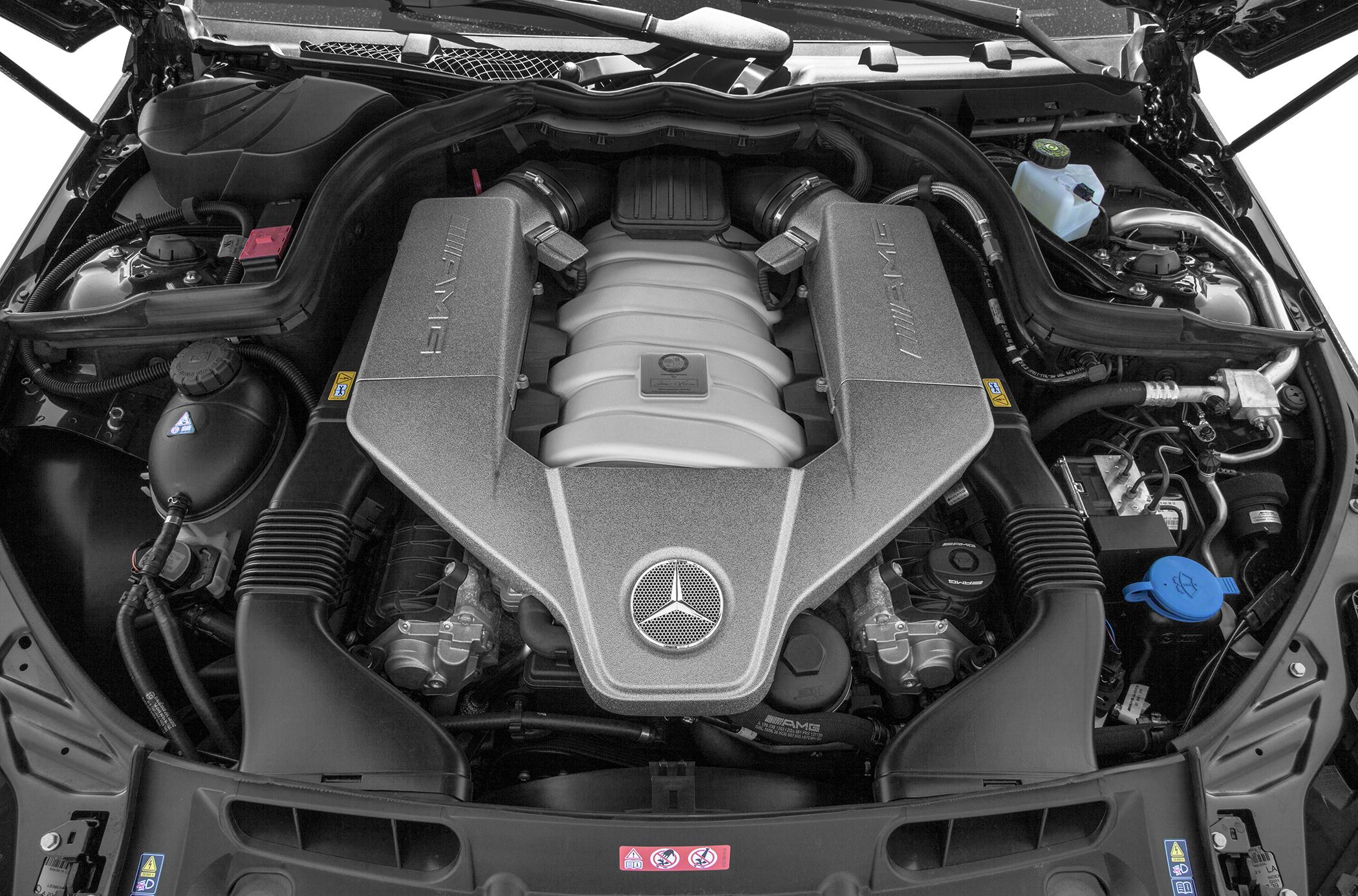 Close-up view of a high-performance AMG engine bay with detailed components.