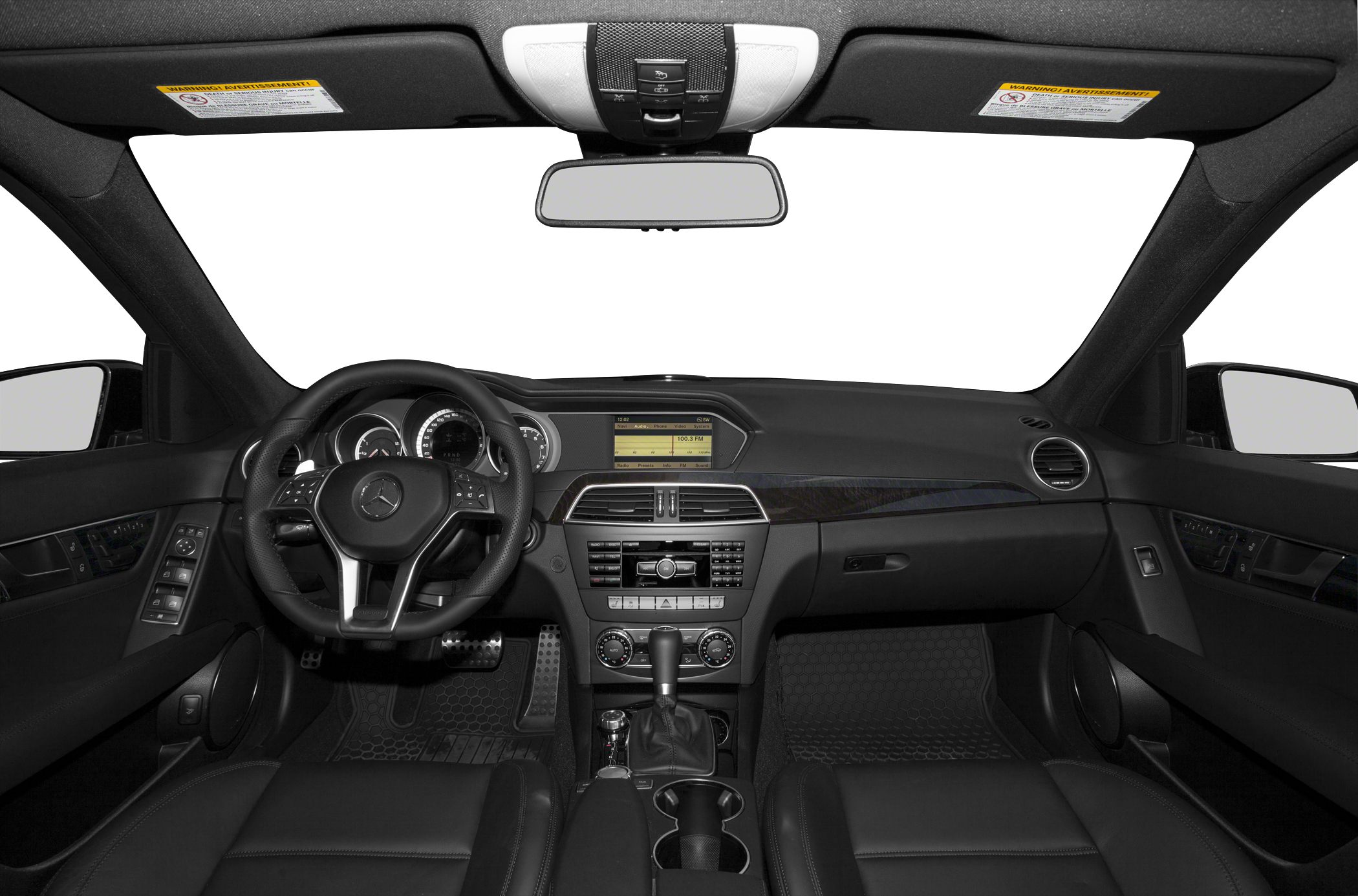 Interior dashboard and steering wheel with infotainment and control panel