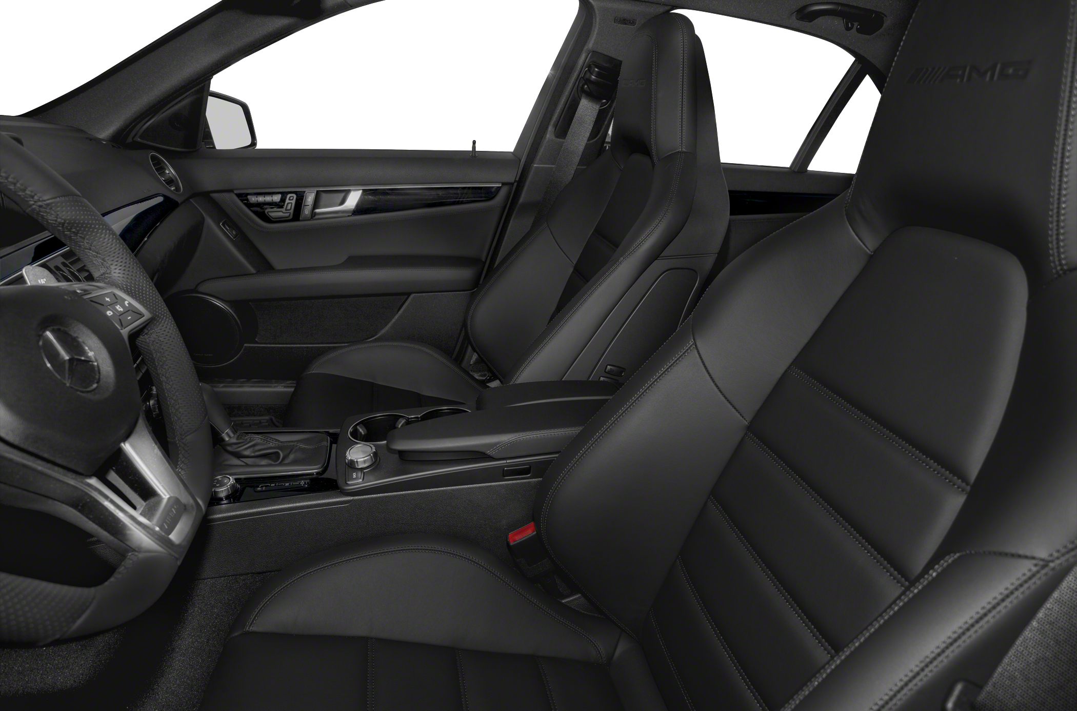 Black leather AMG front seats with dashboard and center console