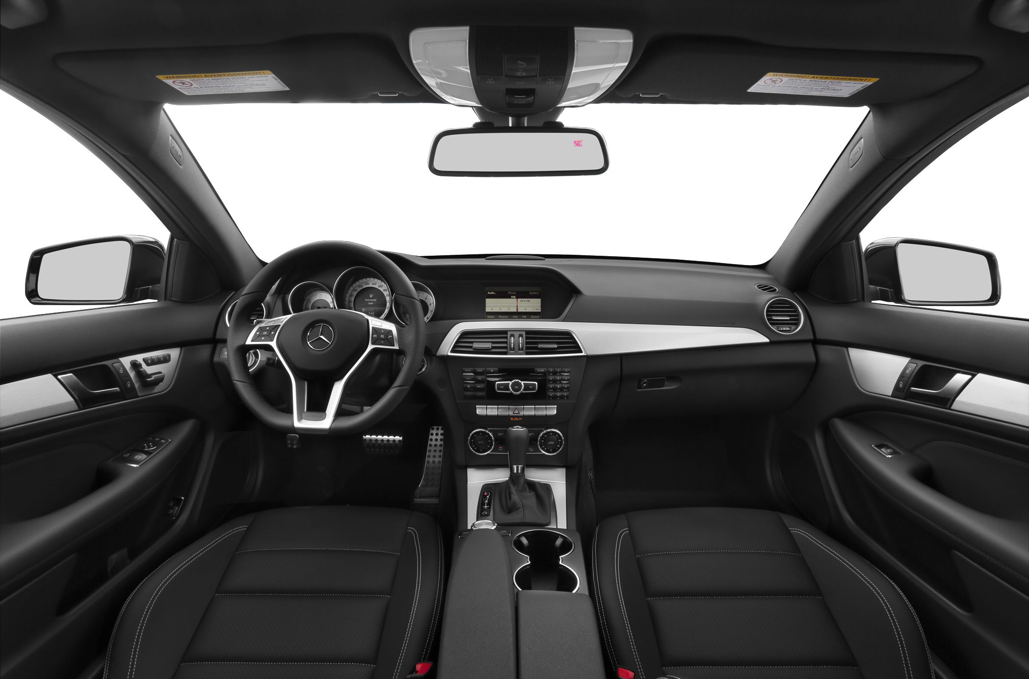 Steering wheel, dashboard, center console, and black interior seats