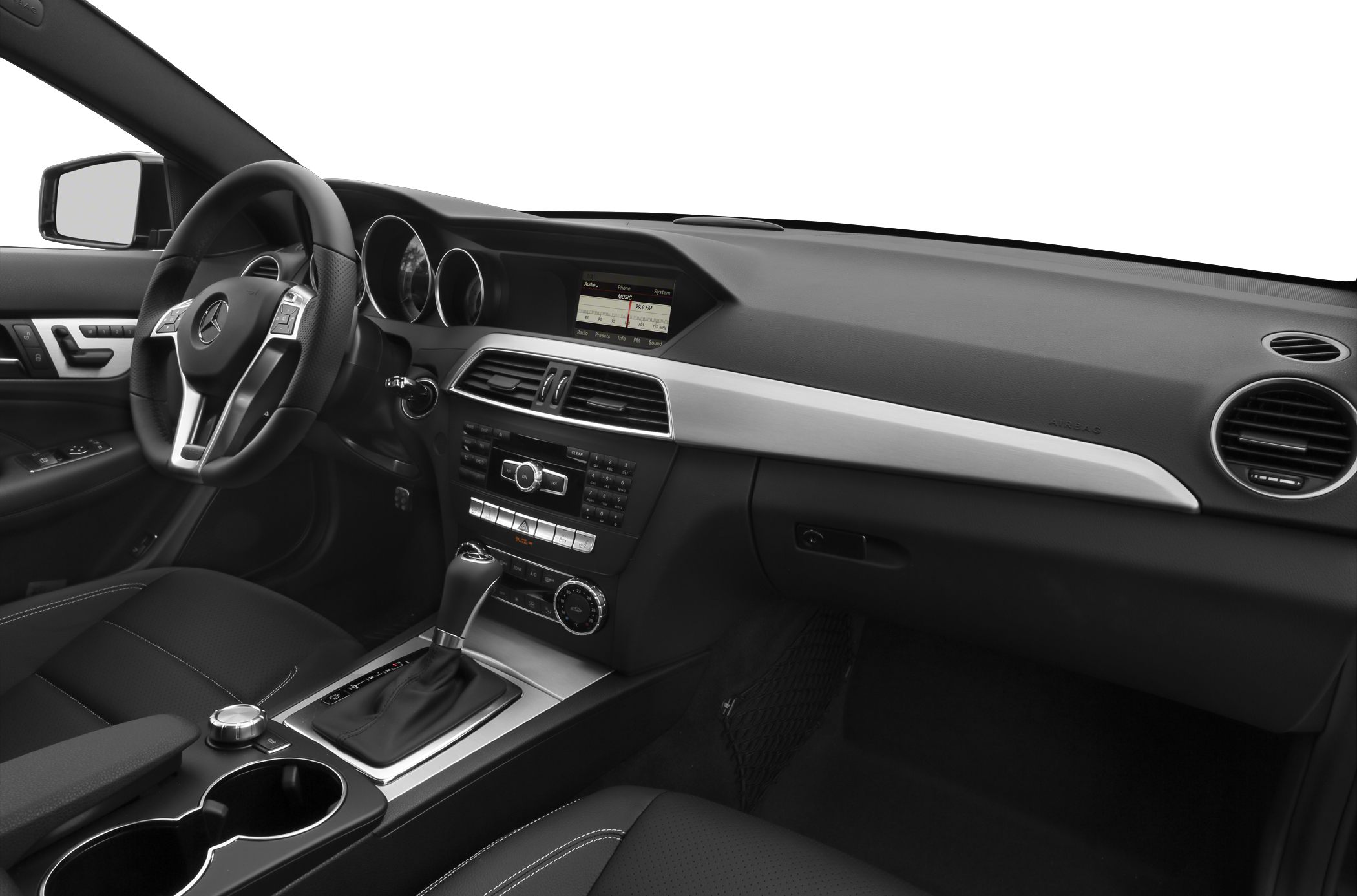 Interior dashboard and center console with steering wheel and gear shift