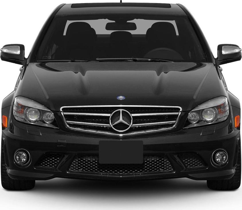 Front view with grille, headlights, fog lights, and side mirrors