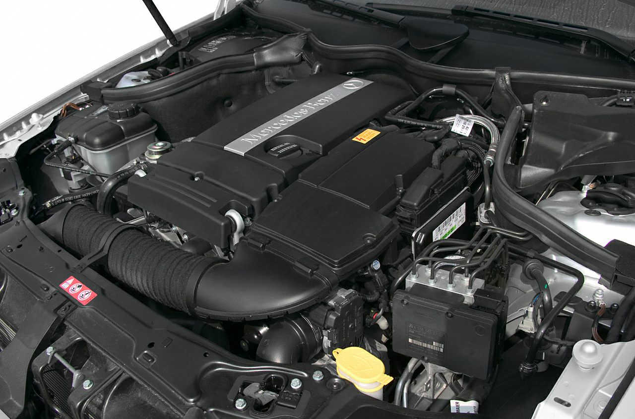 Close-up of an engine bay with Mercedes-Benz branding
