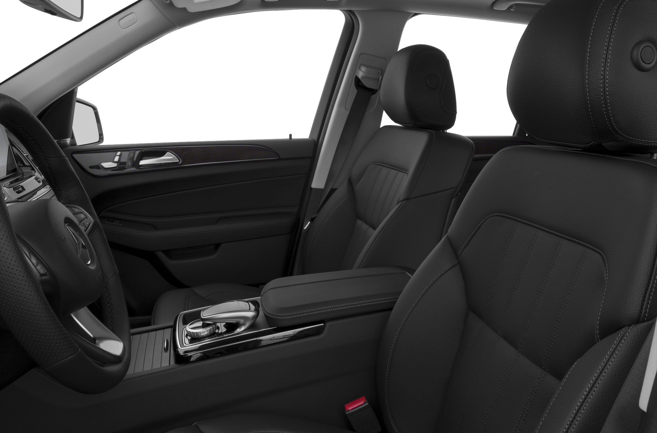 Black leather seats with detailed stitching and modern center console controls