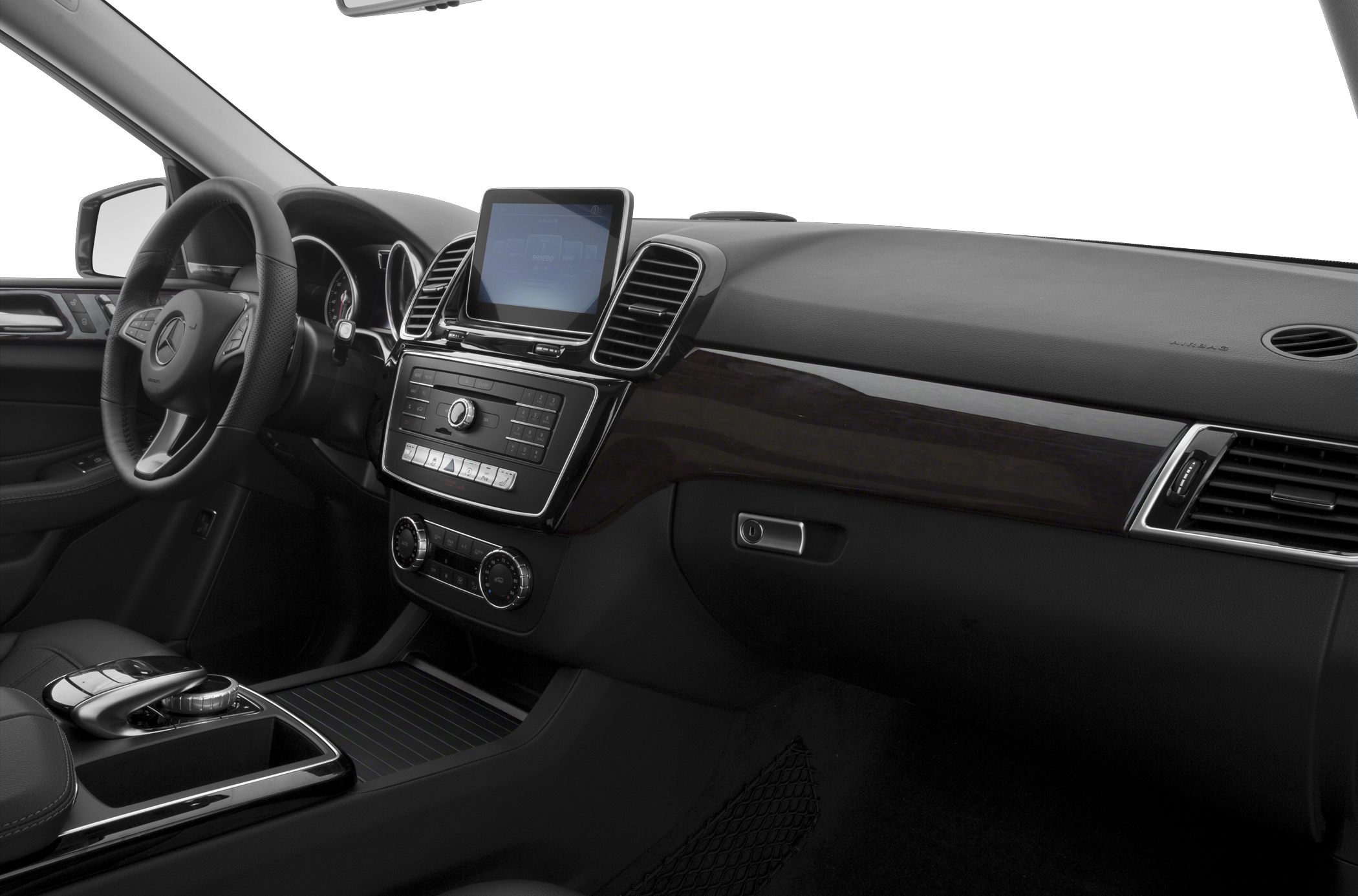 Dashboard and steering wheel with central infotainment screen