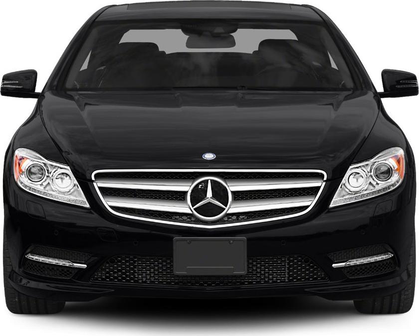 Front view of luxury coupe with iconic grille and headlights