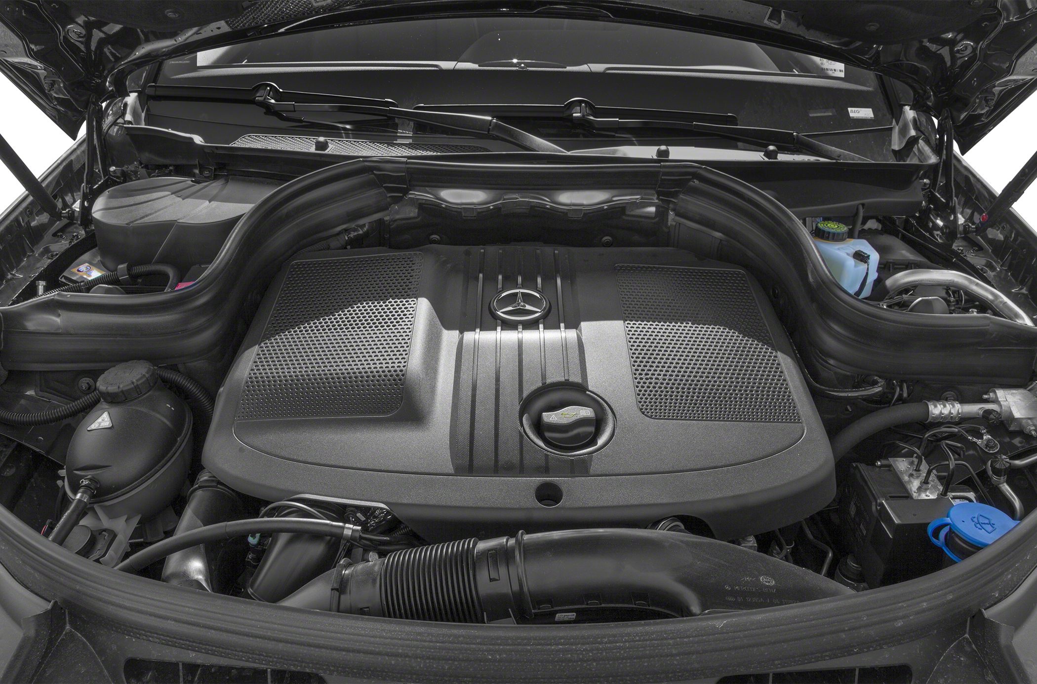 Engine bay with covered Mercedes-Benz engine and components