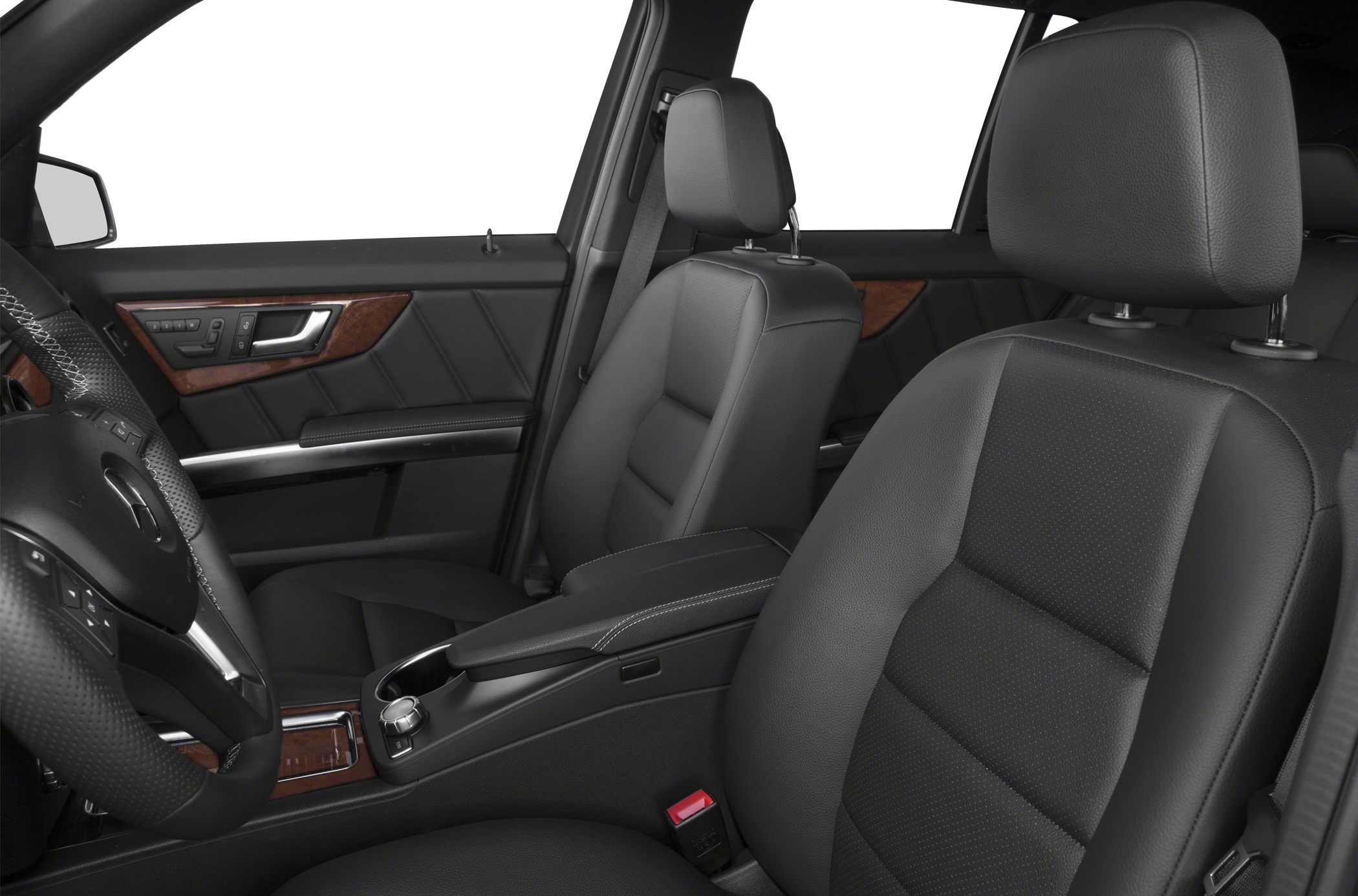Black leather seats and wood-trimmed door panels with armrest