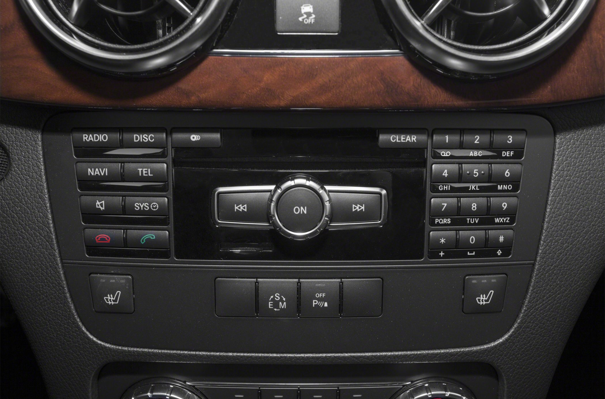 Central console audio and control panel with navigation and heated seat buttons
