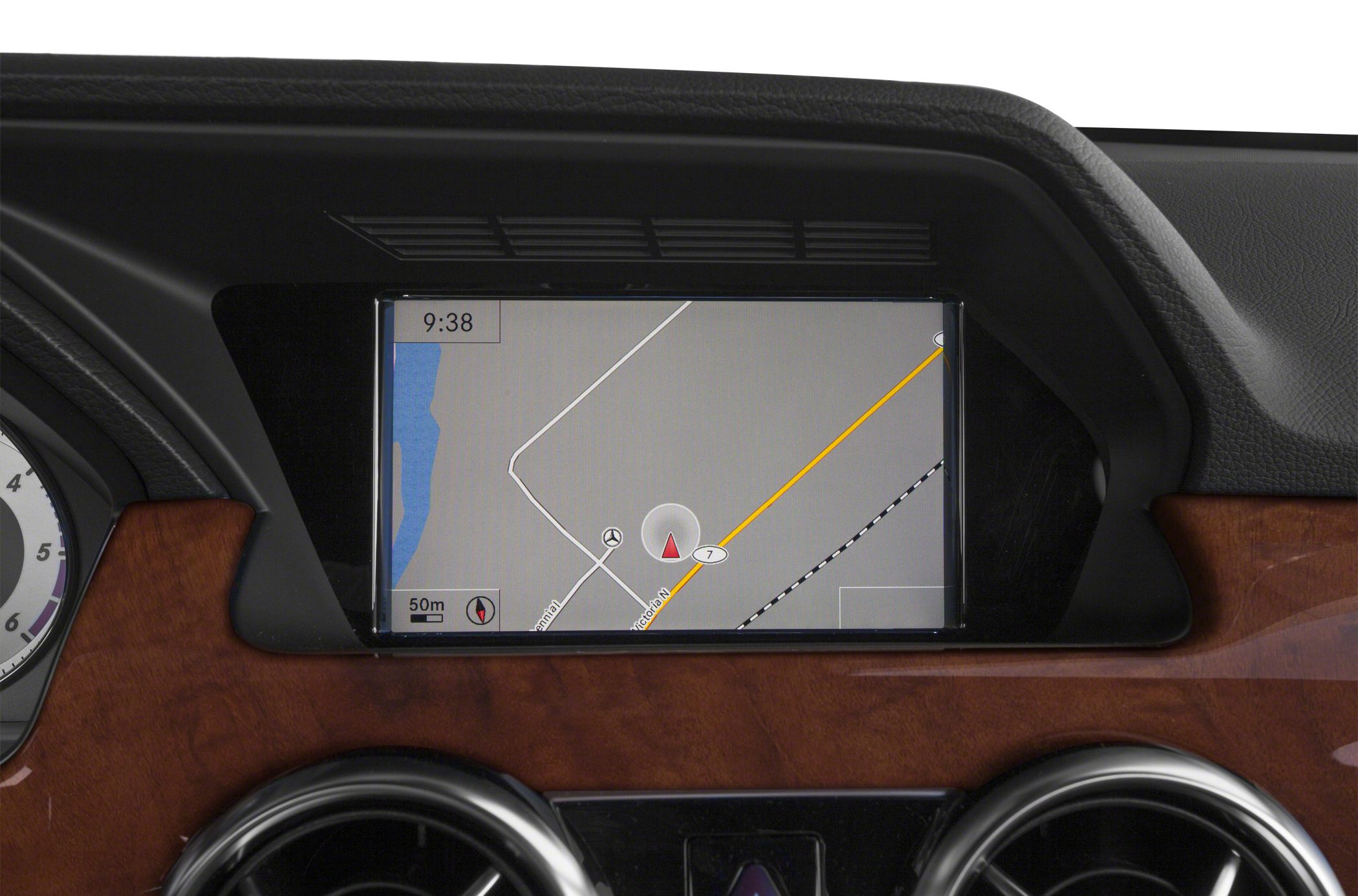 High-resolution dashboard navigation screen with wood trim