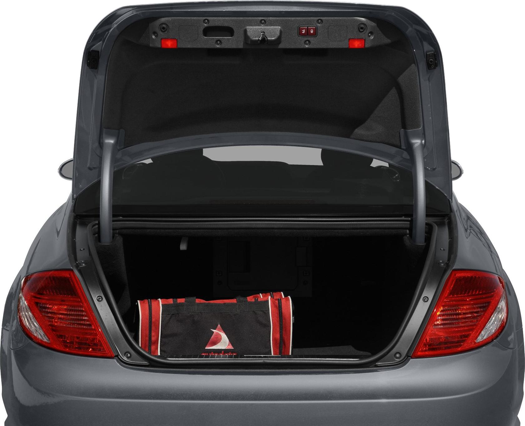 Rear view of open trunk with red bag inside