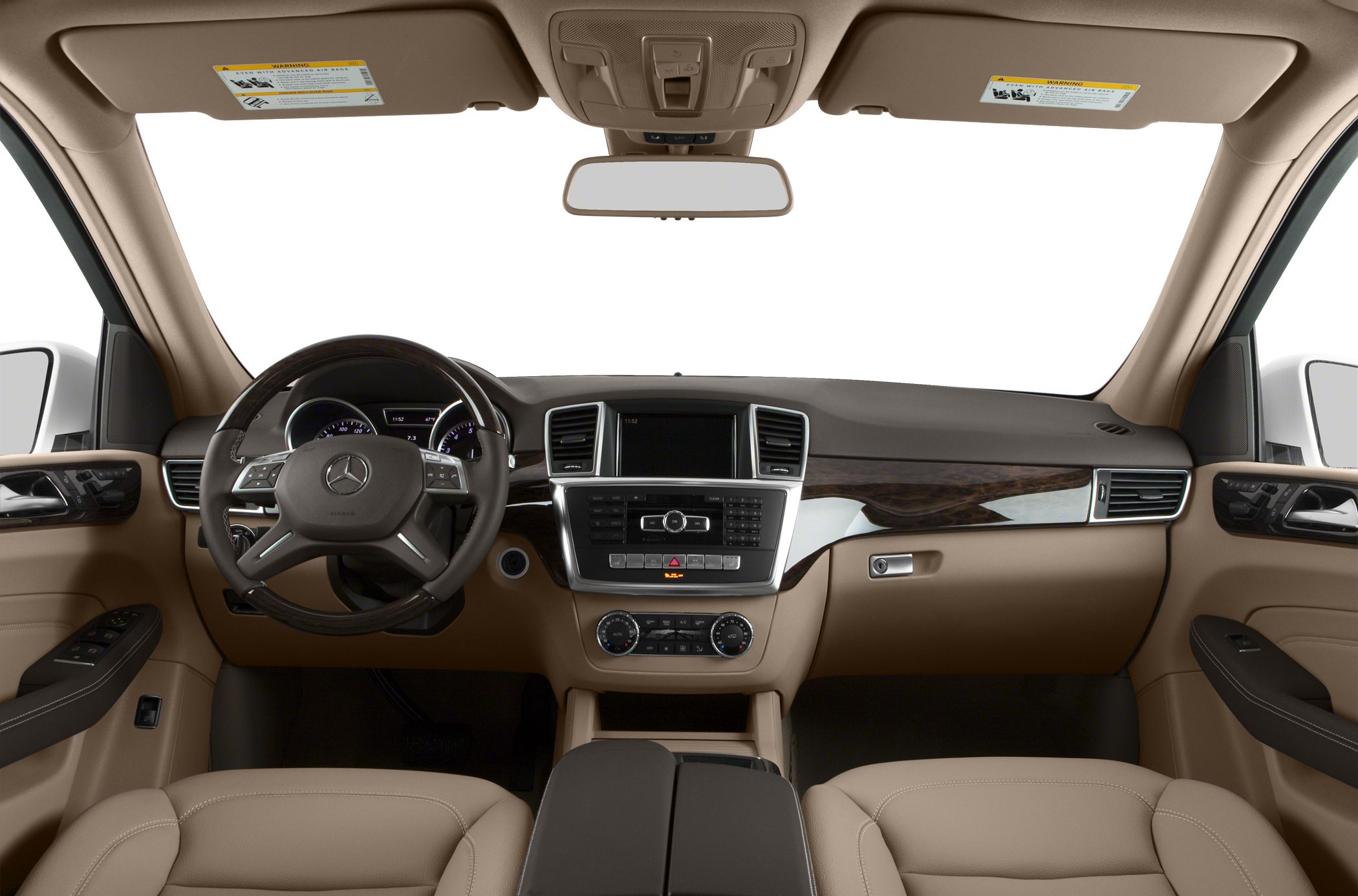 Beige luxury interior with wood trim and multifunction steering wheel