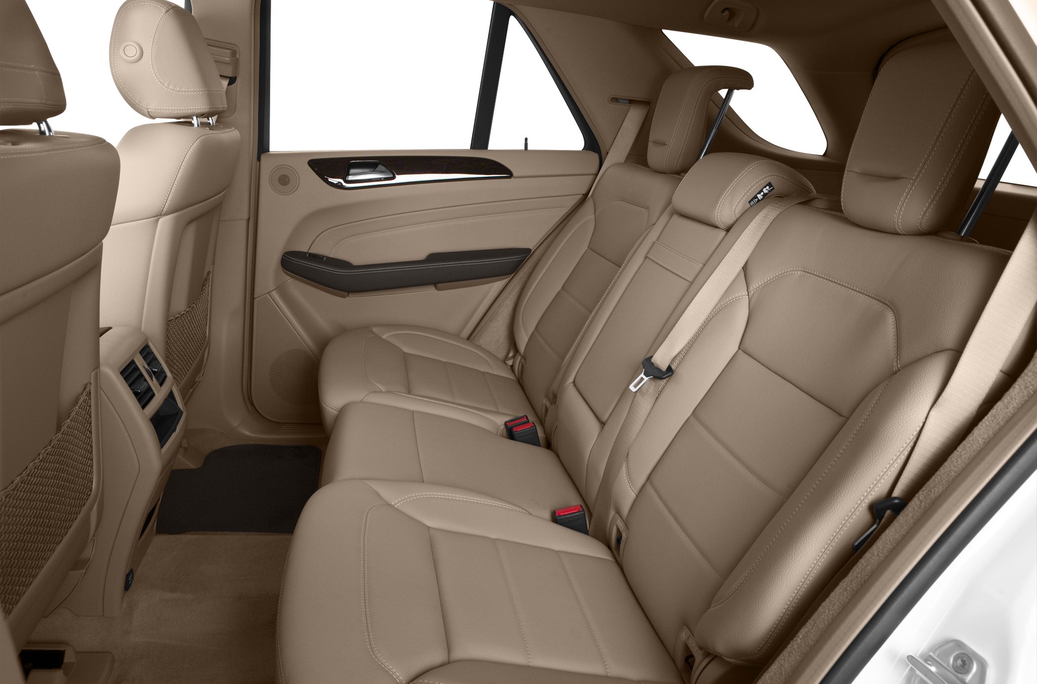 Beige leather rear seats with headrests and seatbelts