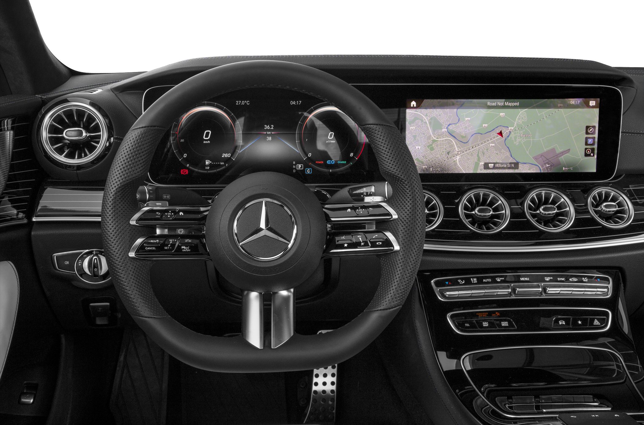 Digital dashboard and multifunction steering wheel with large infotainment screen