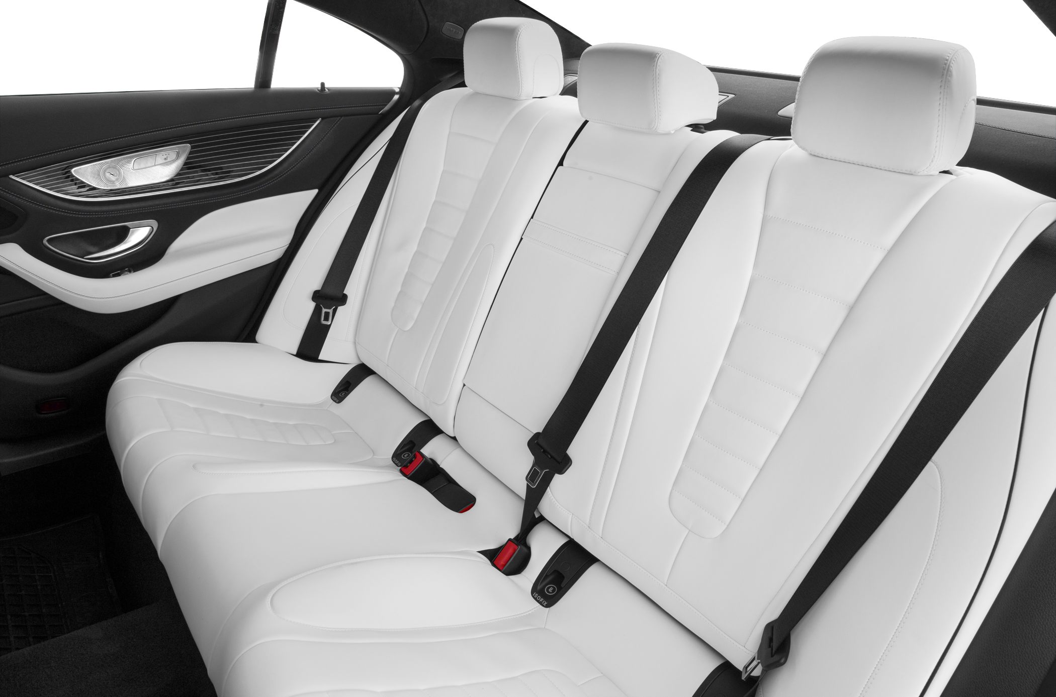 White leather rear seats with headrests and seat belts