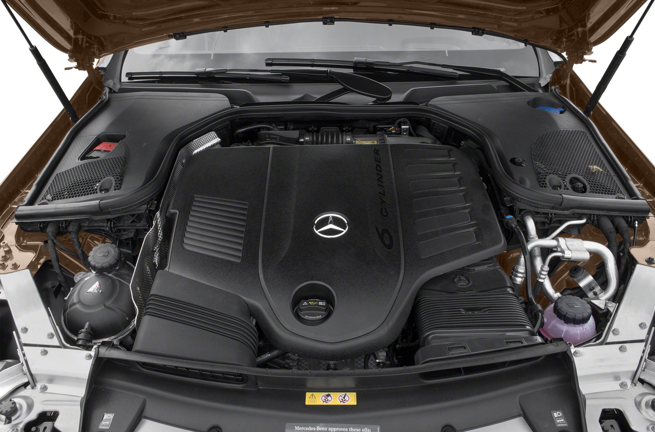 6-cylinder engine bay with Mercedes-Benz logo and engine cover