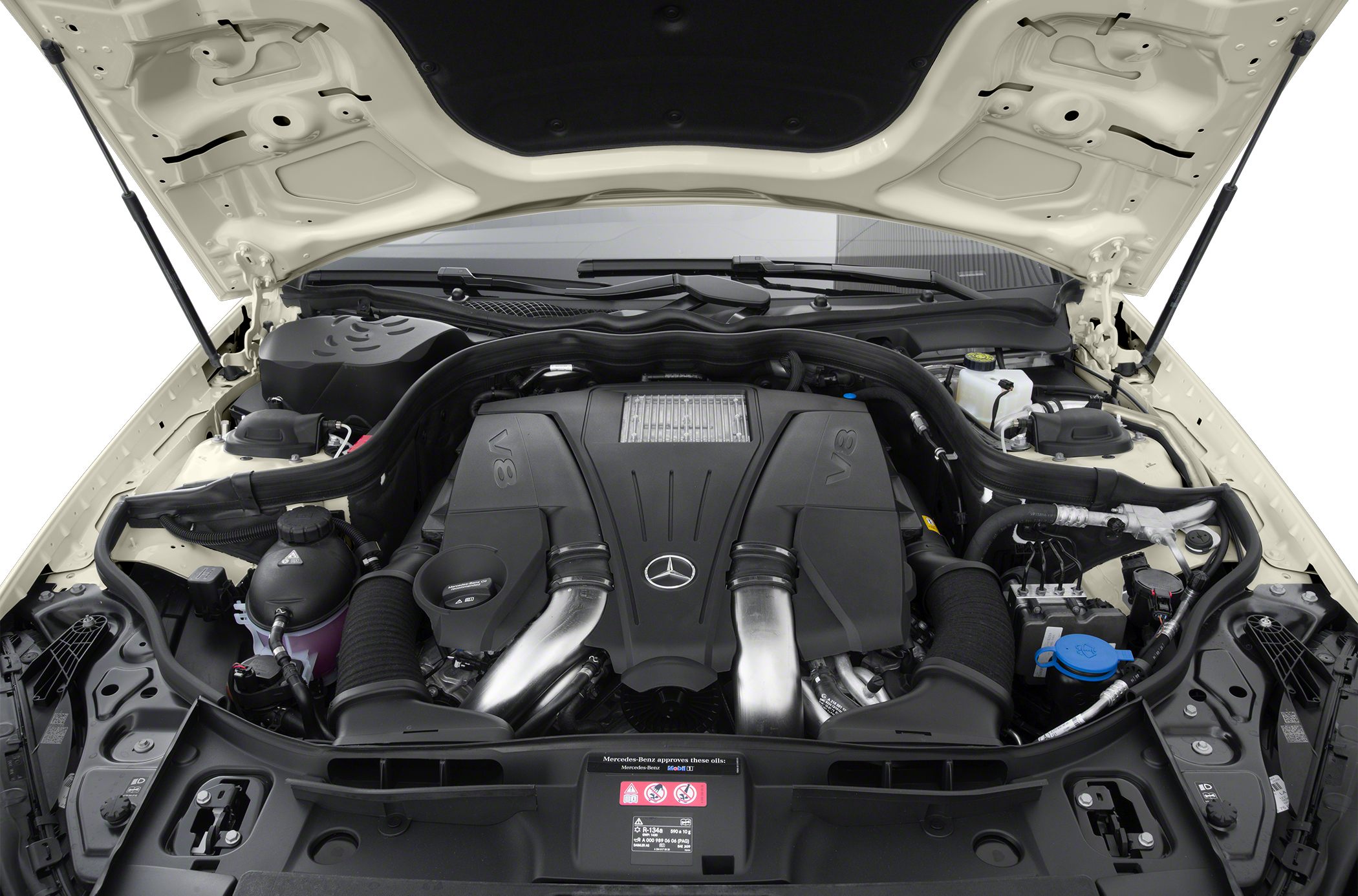 V8 engine bay with detailed components and Mercedes emblem