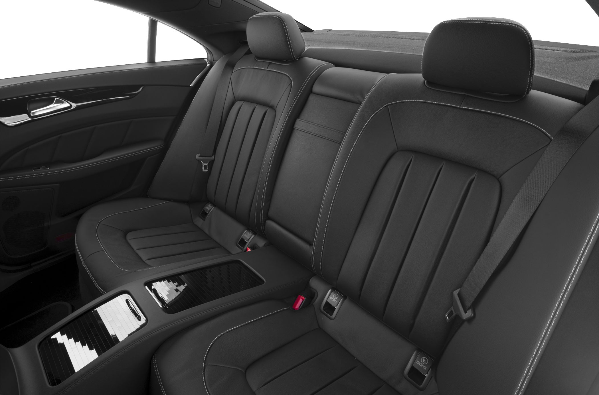 Rear black leather seats with white stitching and ISOFIX anchors