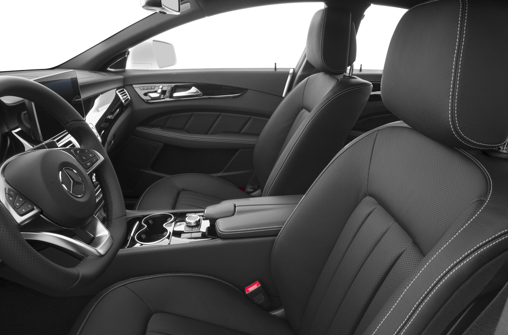 Luxury black leather seats and advanced driver controls inside a car
