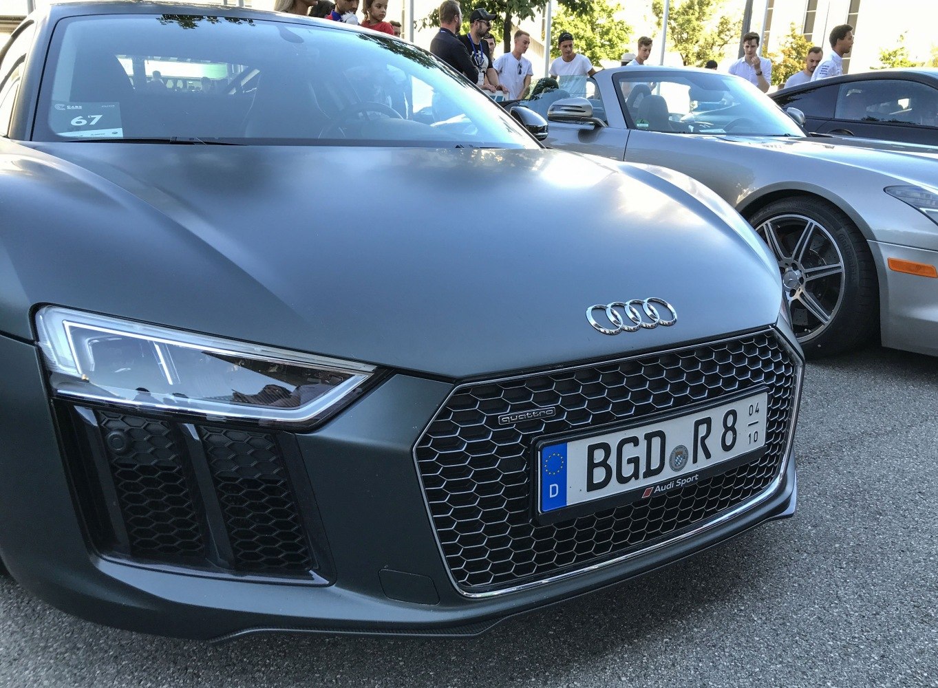 Close-up of Audi R8 front grille and LED headlight