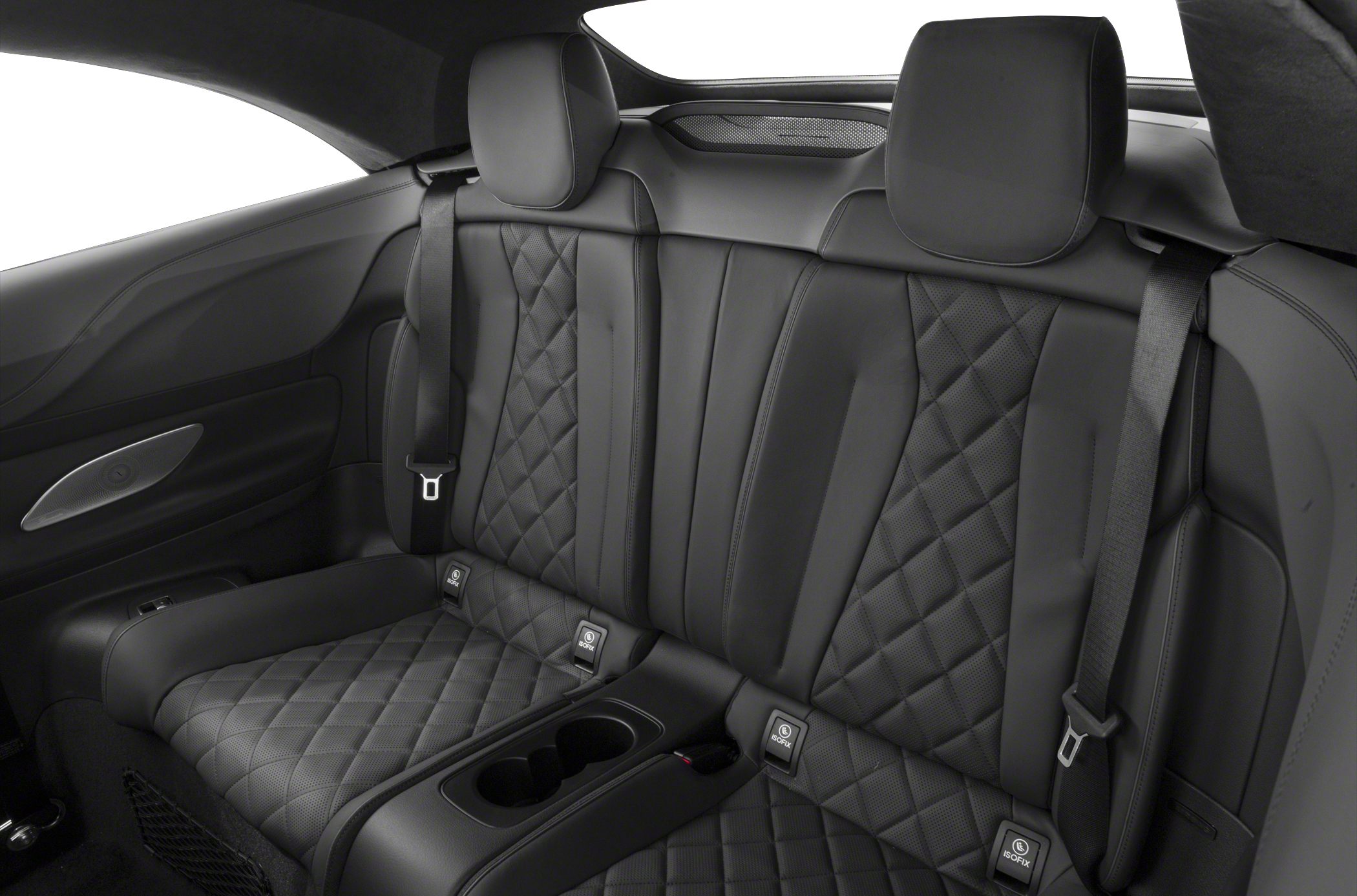 Quilted leather rear seats with integrated seat belts and cup holders