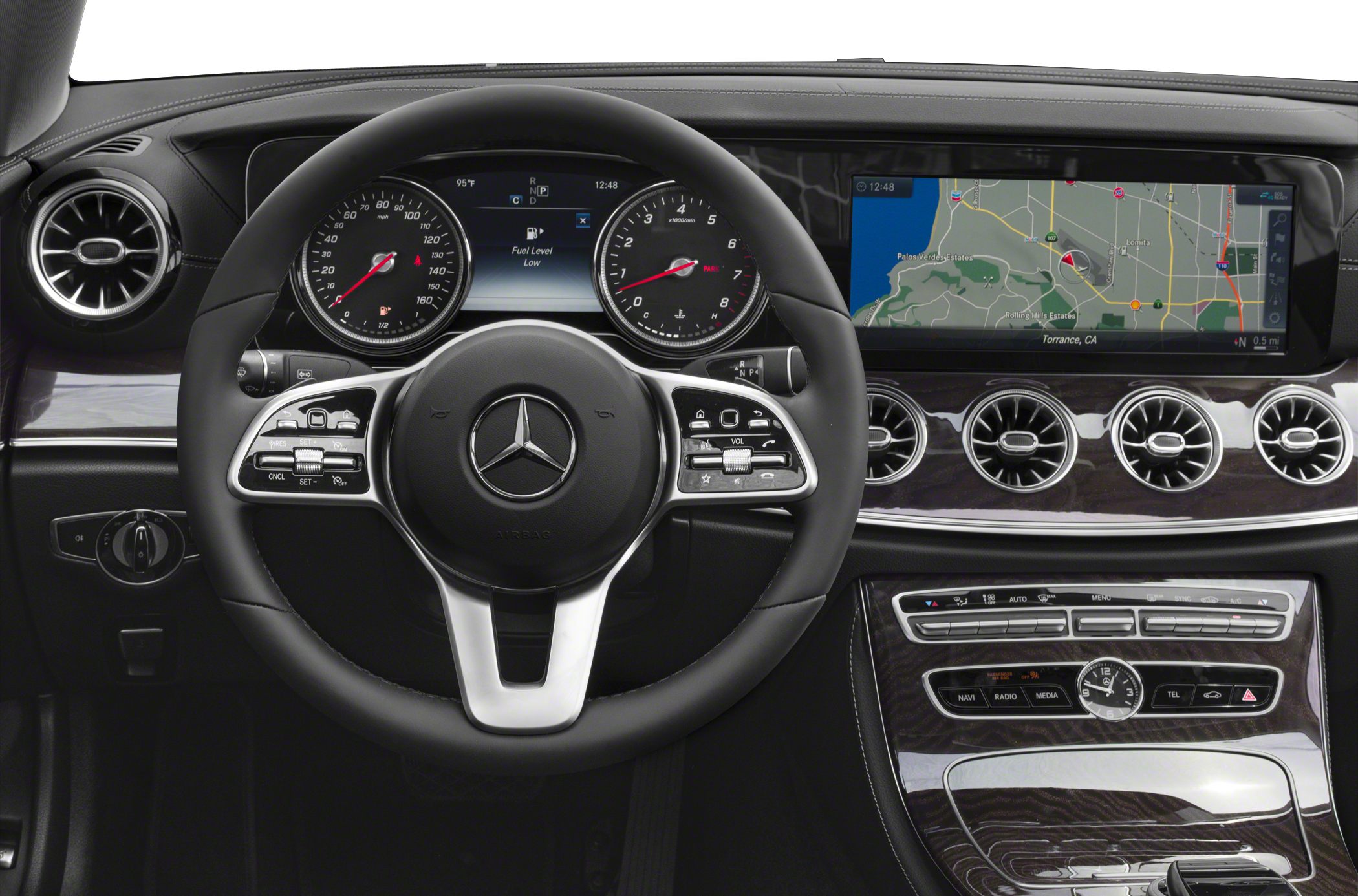 Luxury dashboard with digital gauges and navigation display