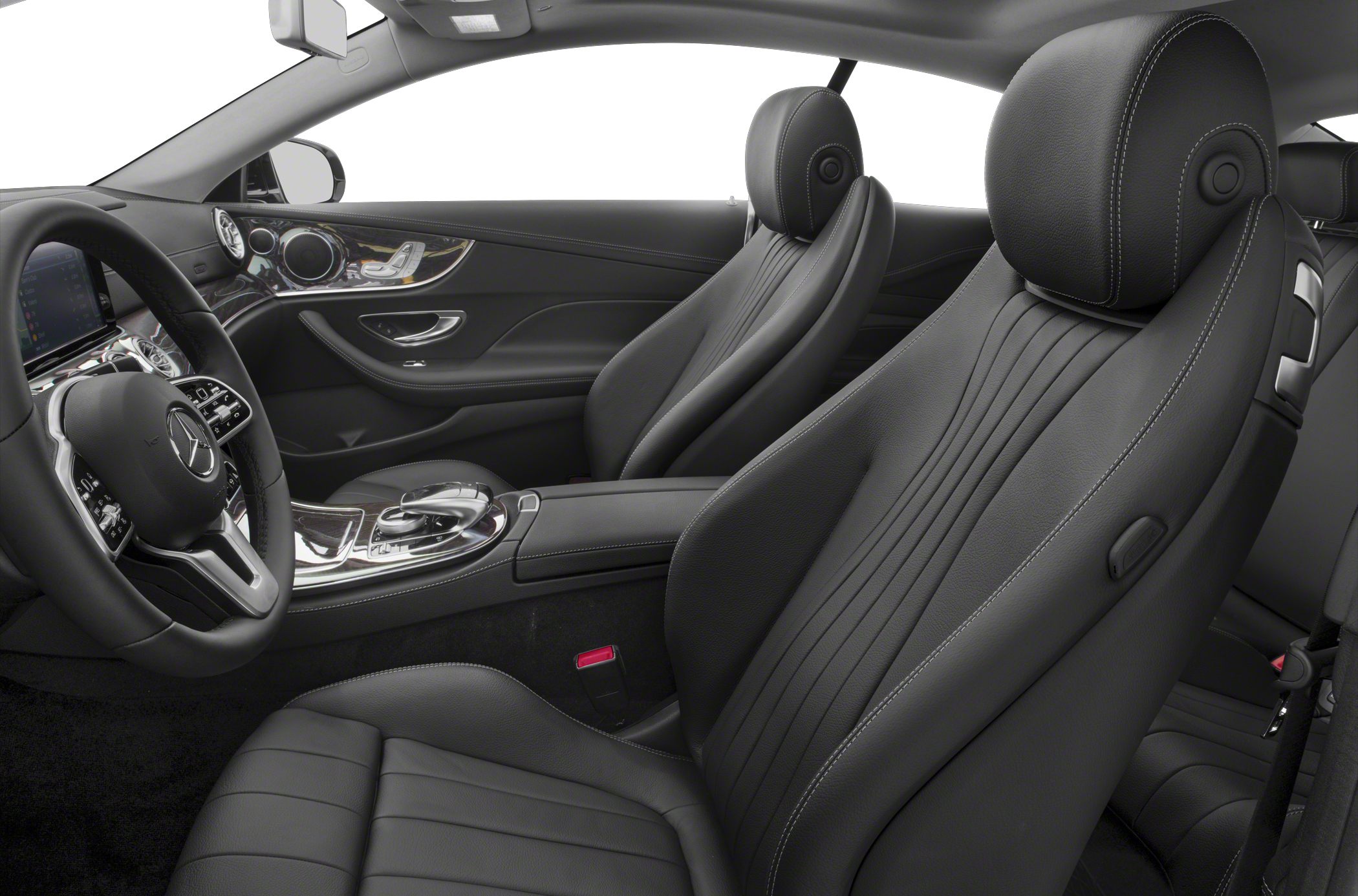 Black leather seats and modern dashboard in luxury coupe interior