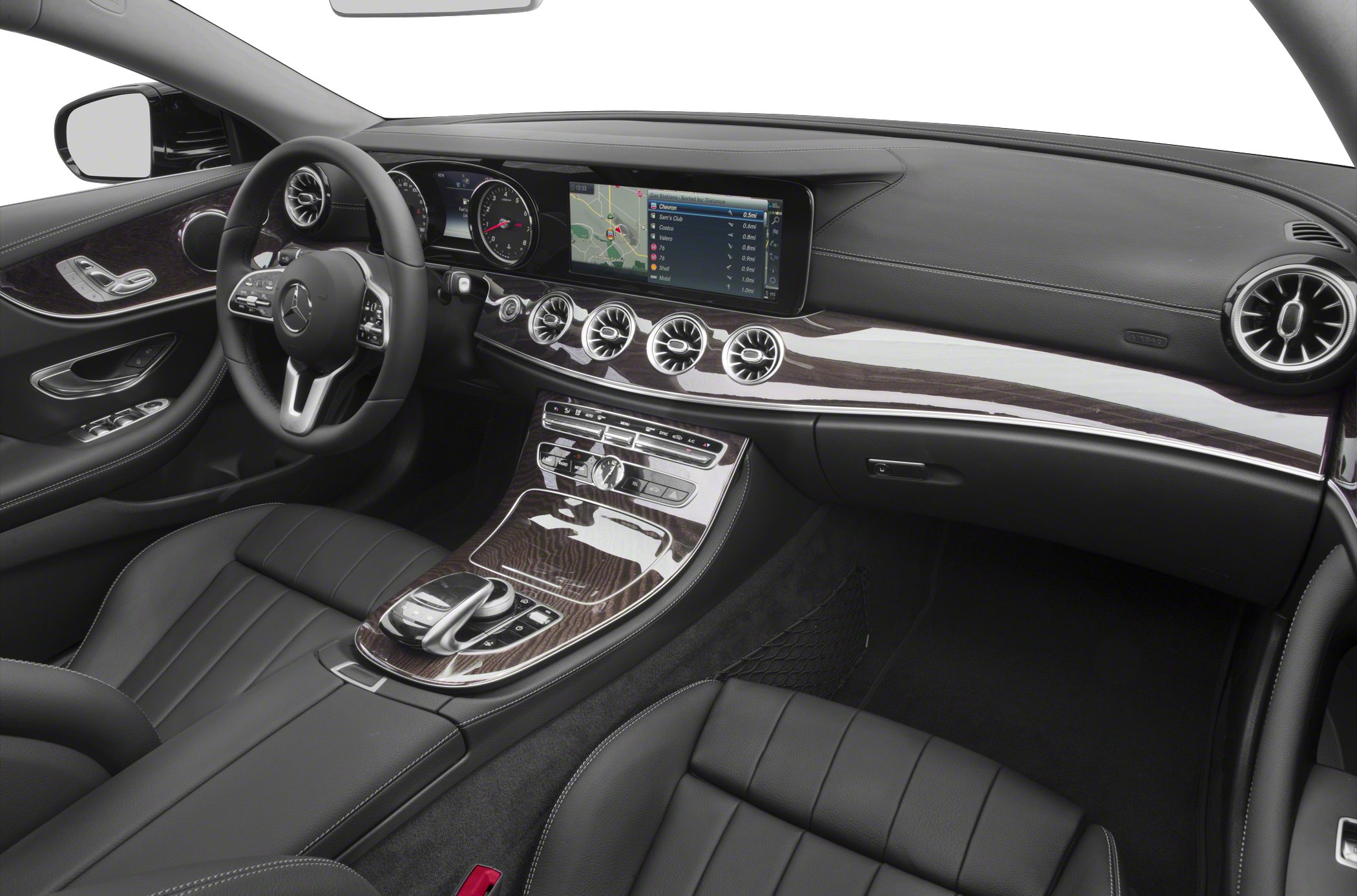 Modern luxury interior with digital dashboard and wood trim