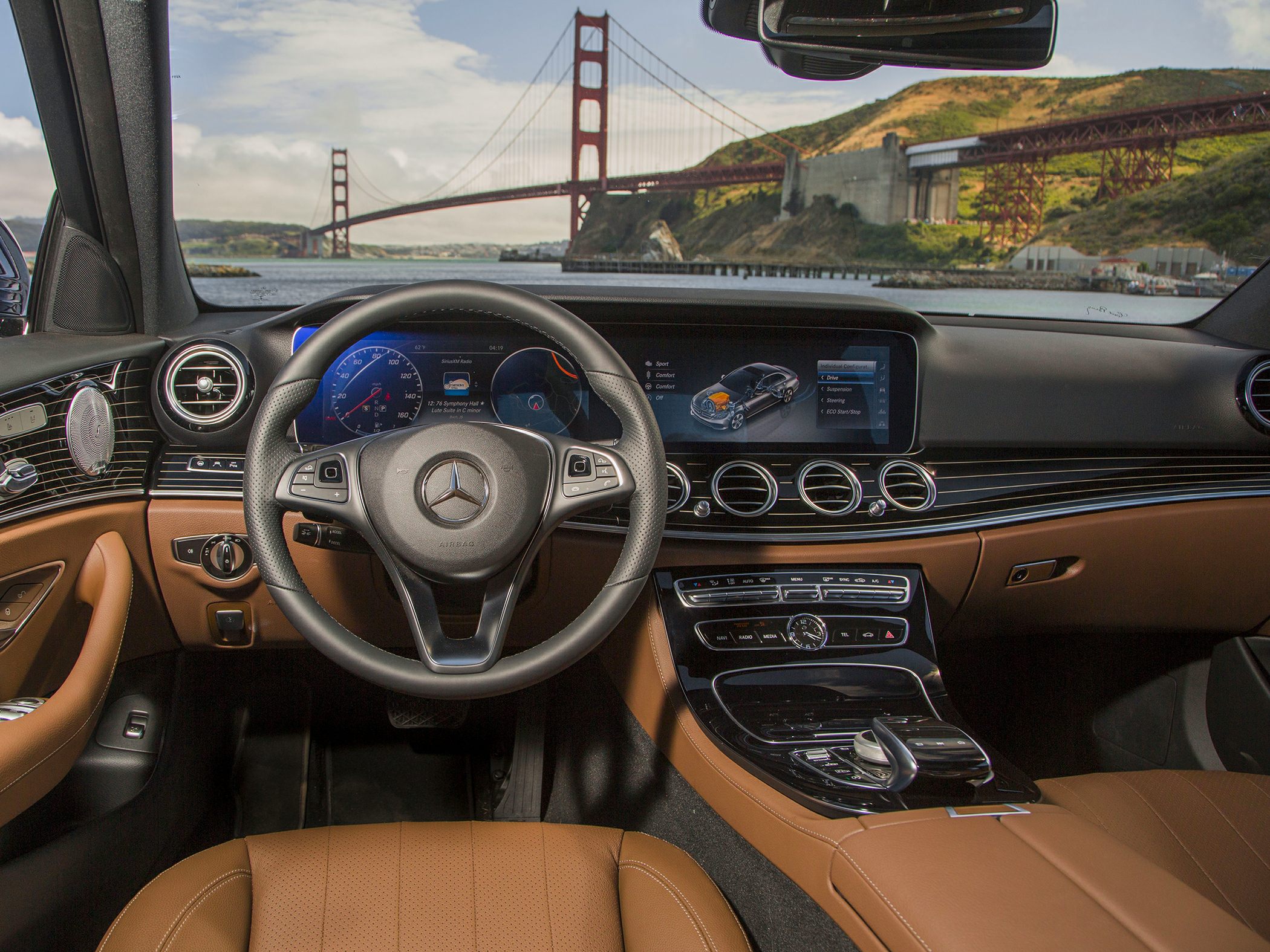 Luxury car interior with digital dashboard and leather seats
