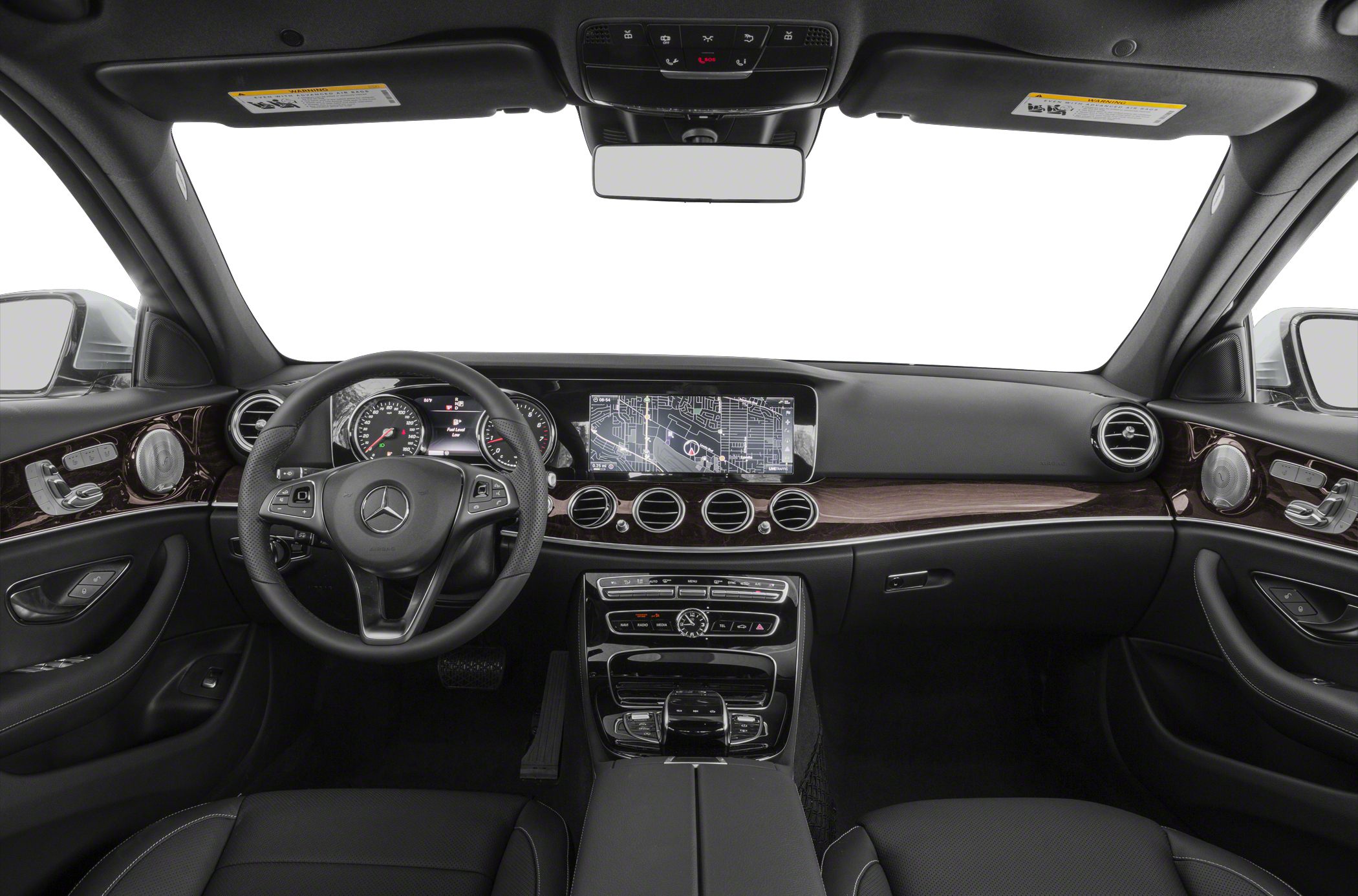 Dashboard with digital display, wood trim, multi-function steering wheel