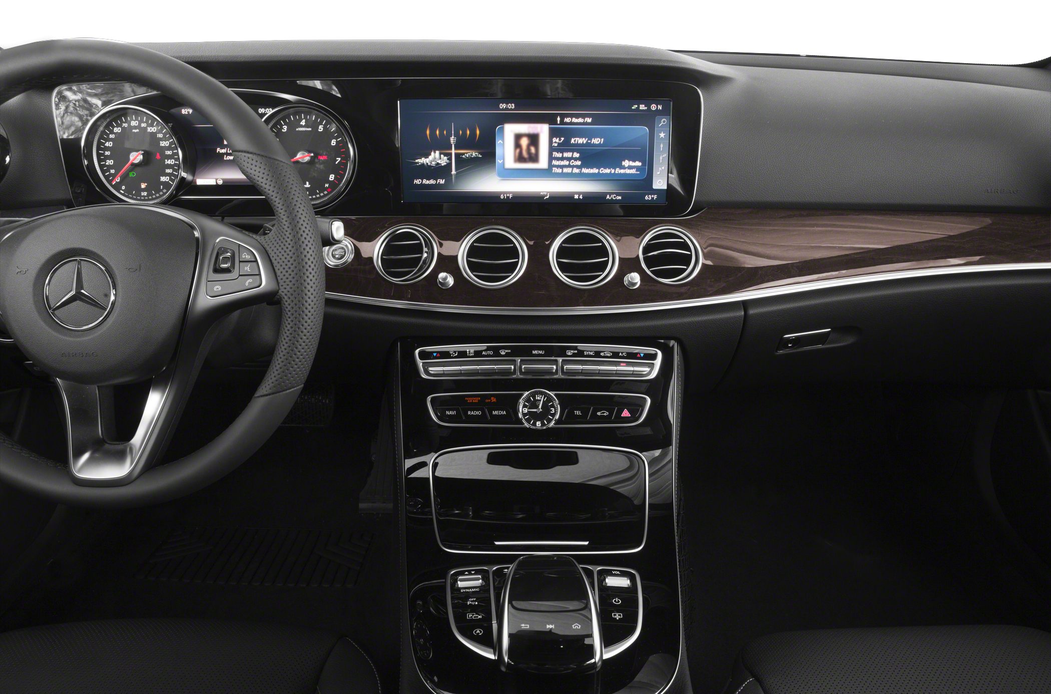 Digital instrument cluster and widescreen infotainment with wood dashboard trim