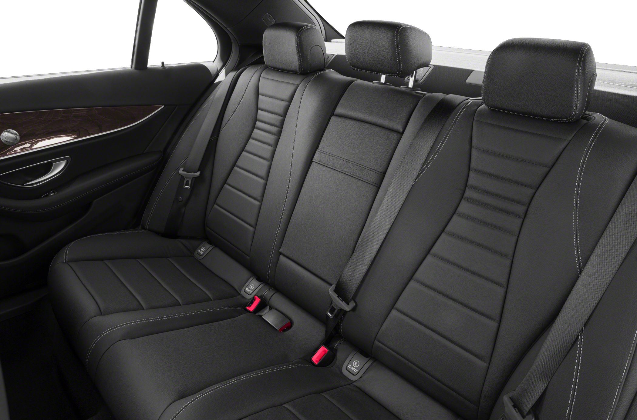 Black leather rear seats with stitching, headrests, and ISOFIX anchors